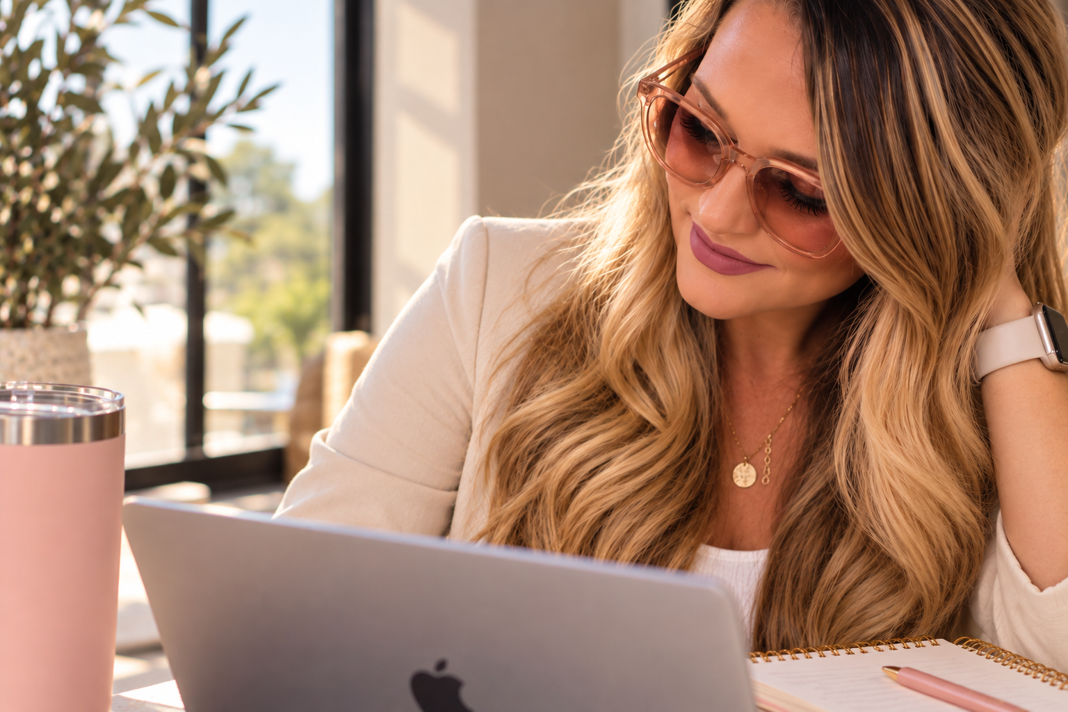 A woman with long wavy blonde hair, wearing pink sunglasses, a white blazer, and a white shirt, sitting at a table working on a laptop with a notepad and pen nearby, and a pink tumbler on the table. She is indoors with sunlight coming through the window behind her.