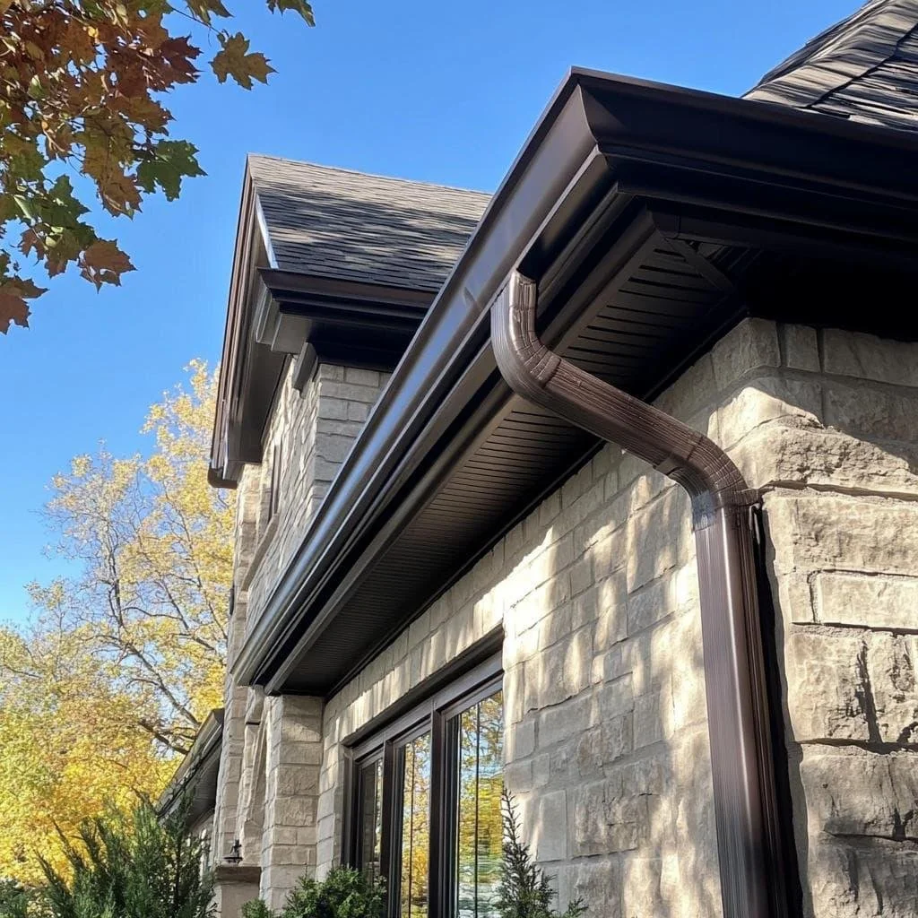 Close-up of a house corner with stone and brick wall, black window frame, black metal roof, and a brown gutter system, including a downspout, against a blue sky with autumn trees.