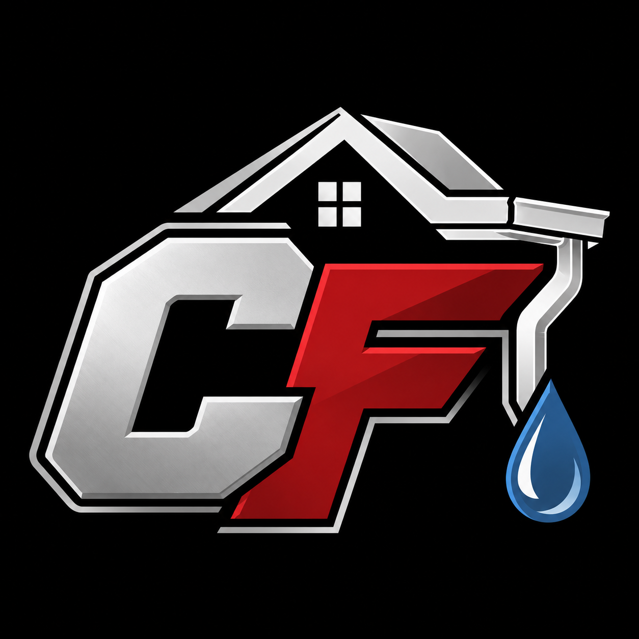 CF logo with a house roof above, a large silver letter C, a red letter F, and a blue water droplet.