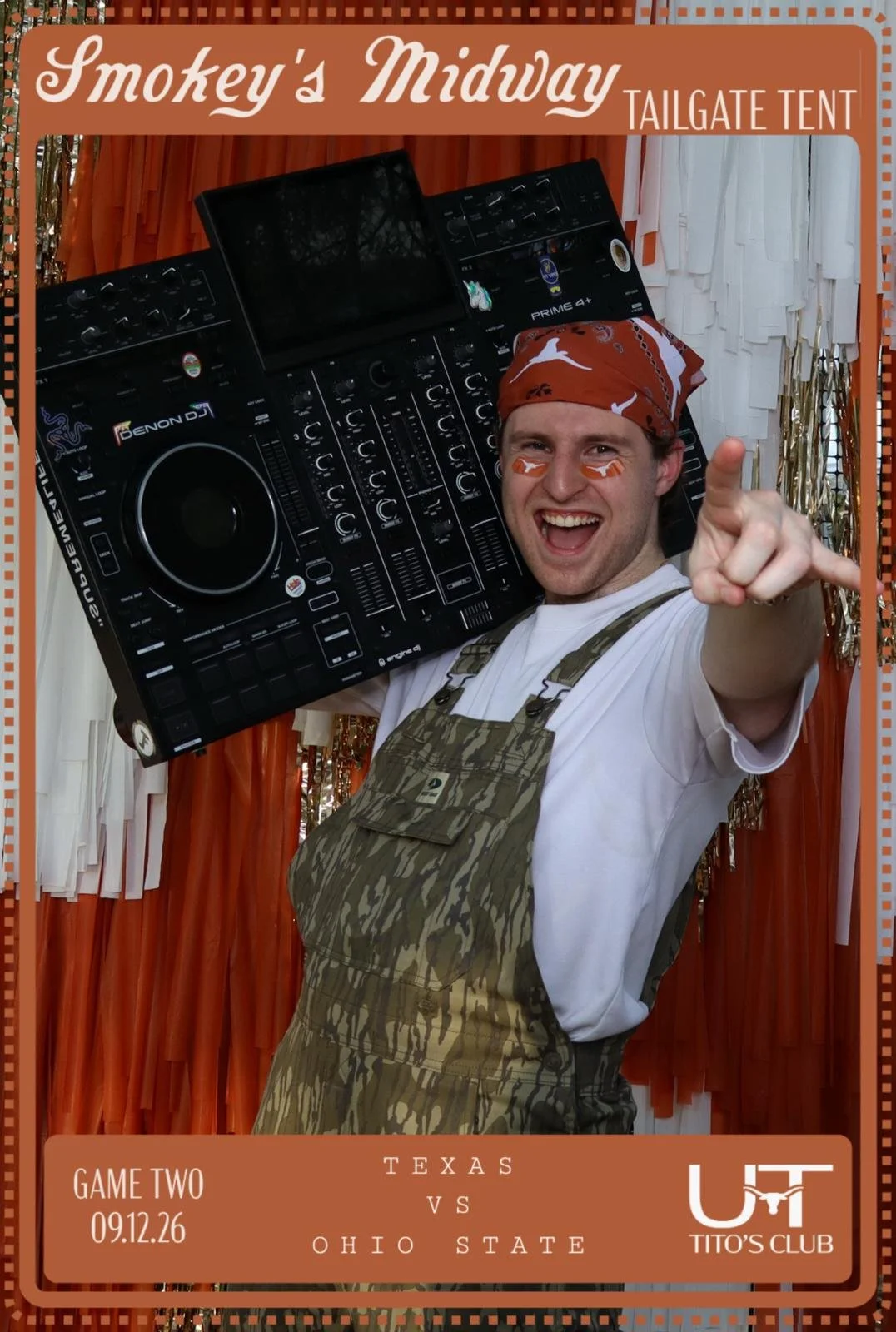 DJ Sona with face paint, wearing a bandana and camouflage apron, smiling and pointing, holding a DJ controller. The background has orange and white streamers, from a game day event for Texas vs. Ohio State on September 12, 2026, at Tito's Club.