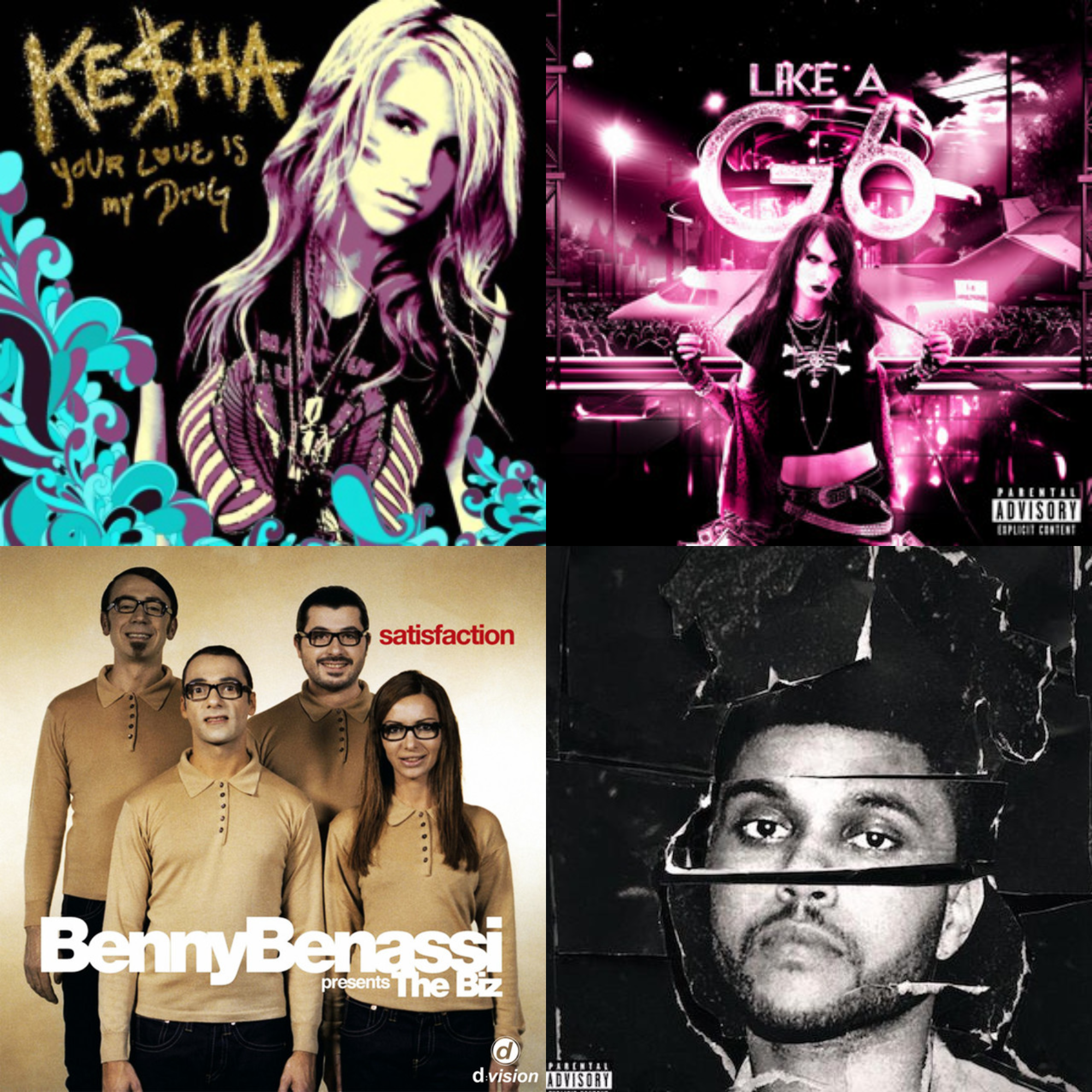 The image is split into four quadrants featuring album covers. The top-left quadrant shows a colorful illustration of a woman with blonde hair and the text 'Kesha, Your Love Is My Drug.' The top-right quadrant features a woman with dark hair in front of a pink neon-lit amusement park with the text 'Like a G6.' The bottom-left quadrant shows four people in matching beige shirts with the text 'Benny Benassi presents The Biz.' The bottom-right quadrant appears to be a black and white close-up of a woman's face under a torn paper effect, with a parental advisory label.