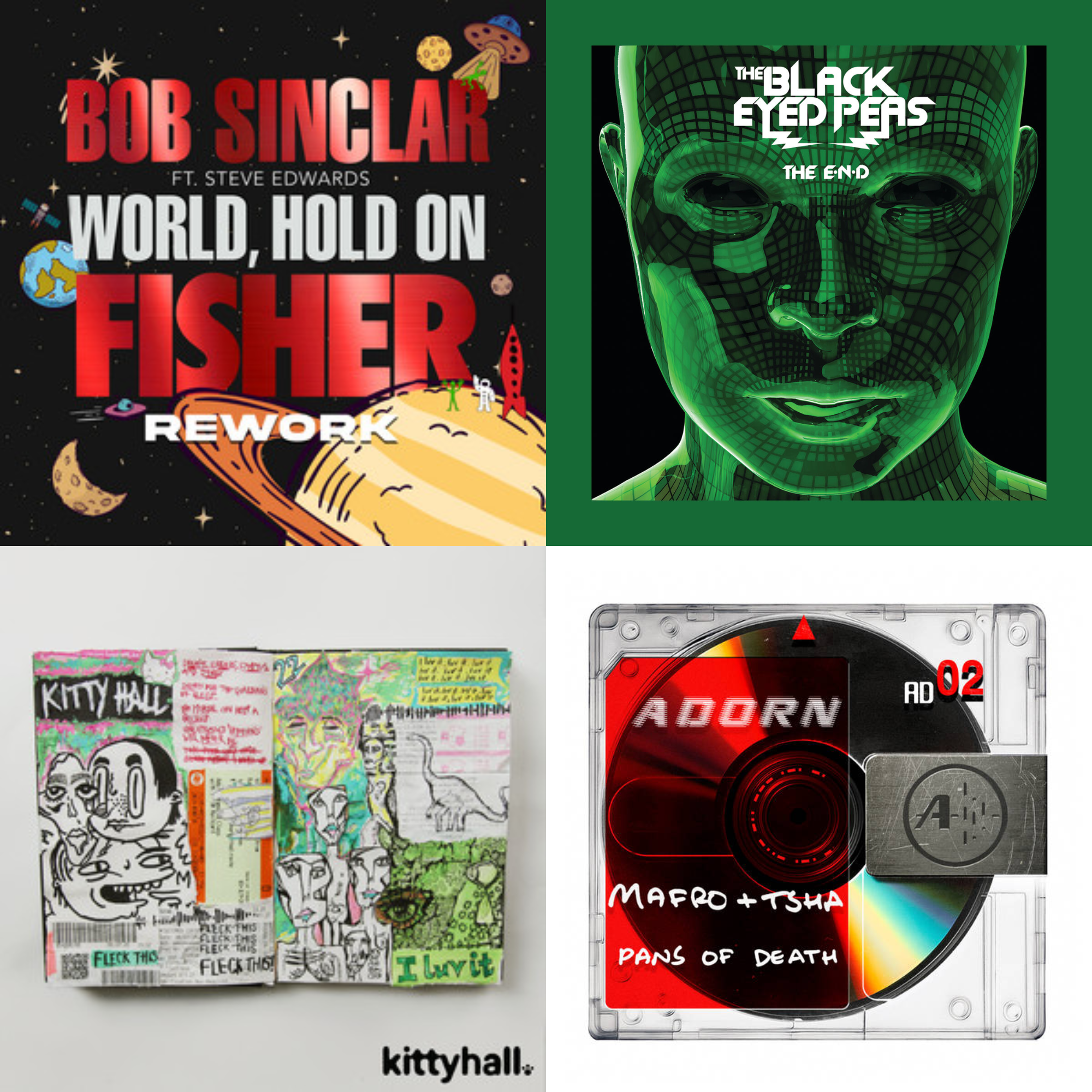 A collage of four different album covers featuring various artistic styles, including space-themed artwork with planets and astronauts, a digital green grid human face with the title 'The Black Eyed Peas The End,' colorful abstract sketches of faces and figures, and a dark aesthetic with a red and black color scheme titled 'Amo + Tsha Pans of Death.'