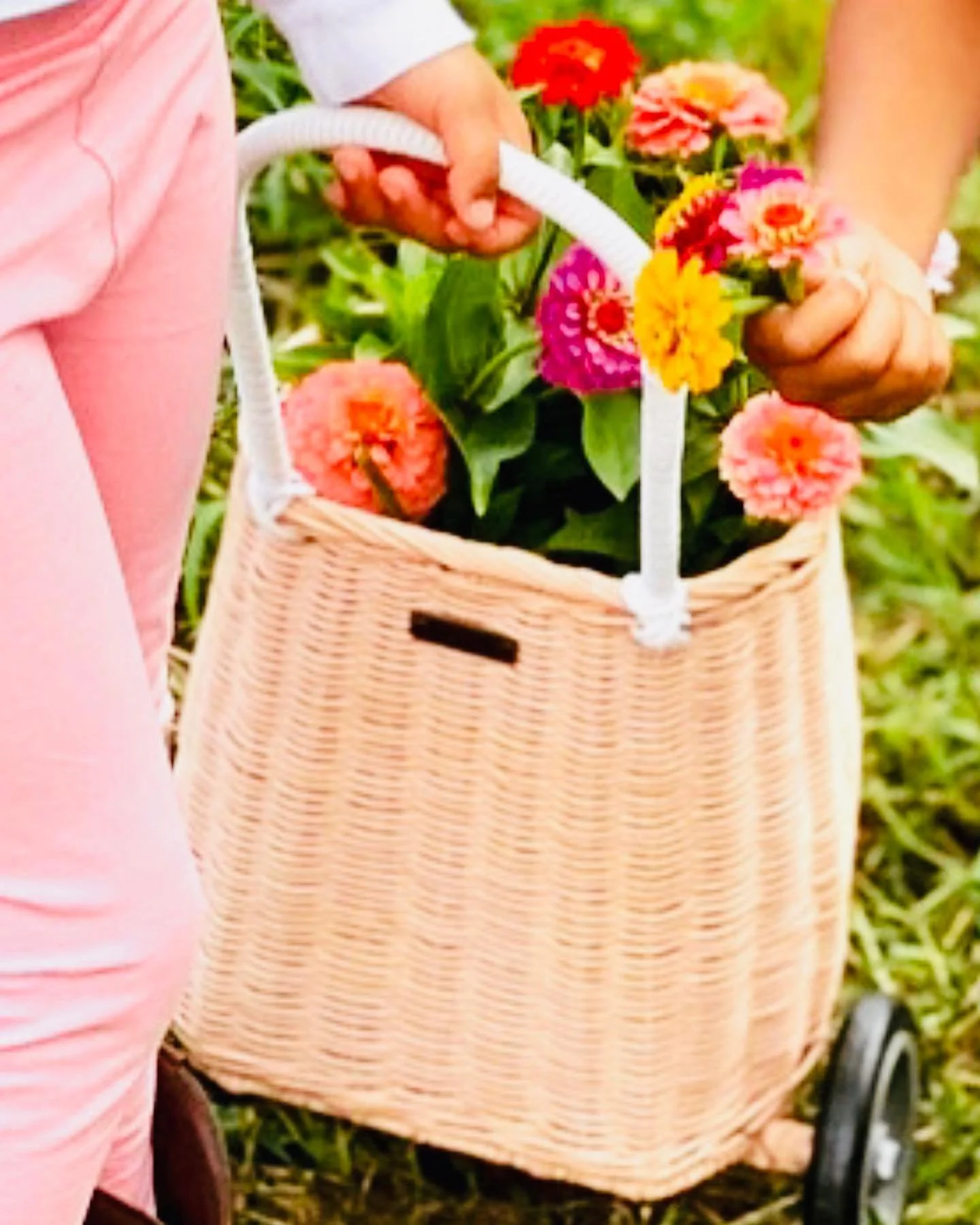 Child carrying a basket of fresh flowers