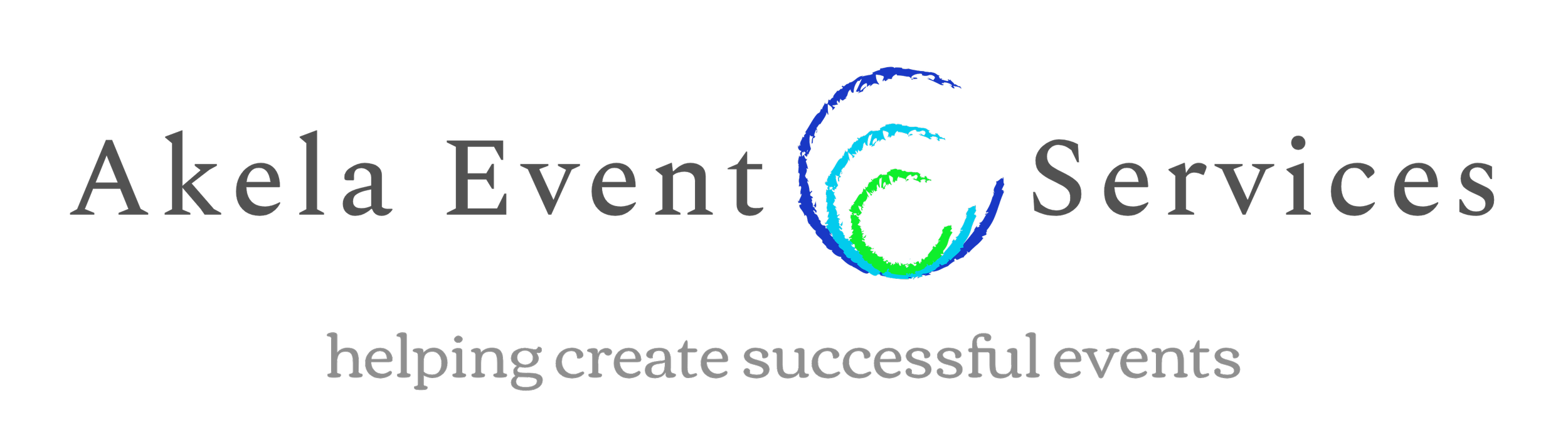 Logo for Akela Event Services with a stylized circular graphic in blue, green, and cyan, and the tagline 'helping create successful events'.