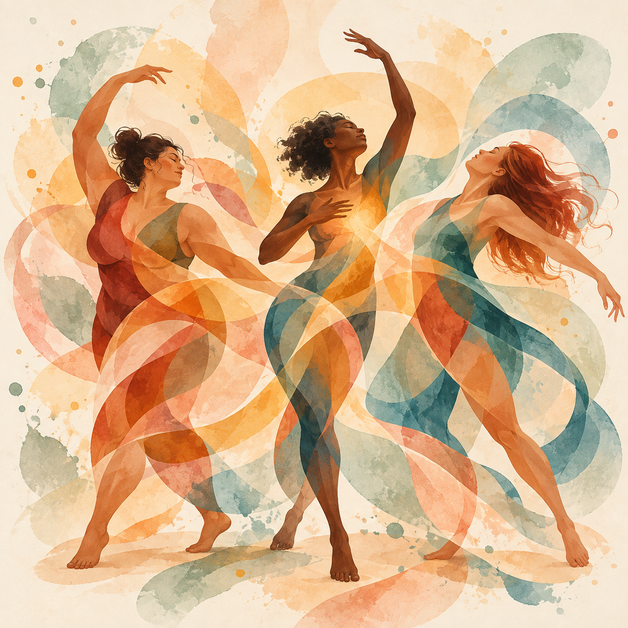 Watercolor illustration of three people moving freely, surrounded by flowing shapes in warm peach, terracotta, and sage.
