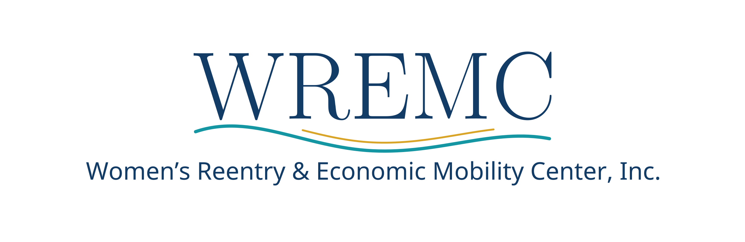 Logo for Women's Reentry & Economic Mobility Center, Inc. (WREM), featuring stylized text with waves beneath and a black background.