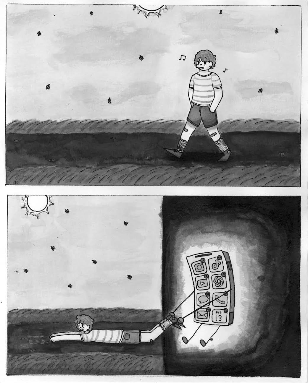  Escaping the Void , an editorial cartoon from my junior year cartooning class. Honorable Mention in the 2026 Scholastic Art & Writing Awards.