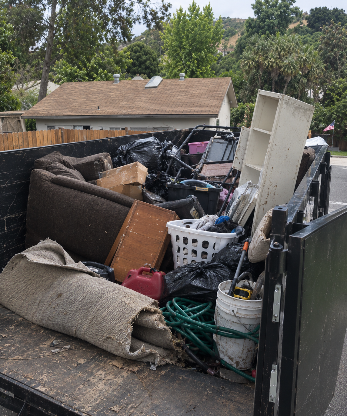 A black dumpster filled with household trash and furniture, including a rolled-up carpet, a brown couch, a white laundry basket with clothes, black garbage bags, and other debris, outdoors in a residential neighborhood with trees and houses in the background.