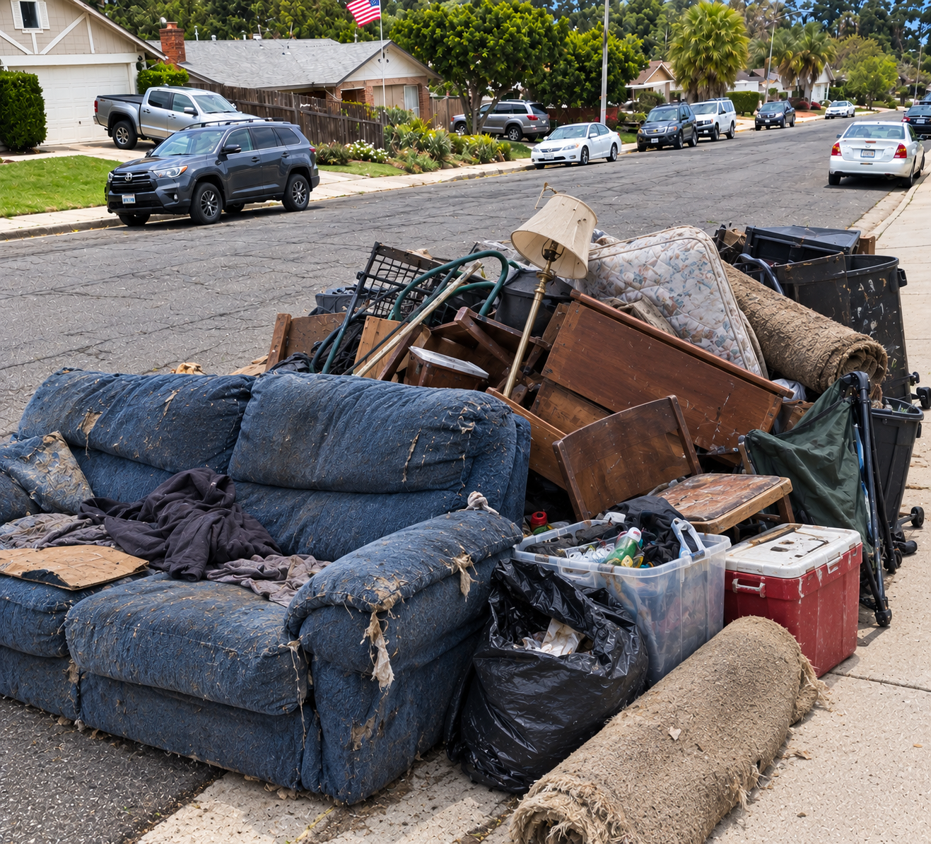 A large pile of discarded furniture and household items on the sidewalk, including a torn blue sofa, a lamp, a mattress, wooden tables, chairs, a plastic container with bottles, and various trash bags.