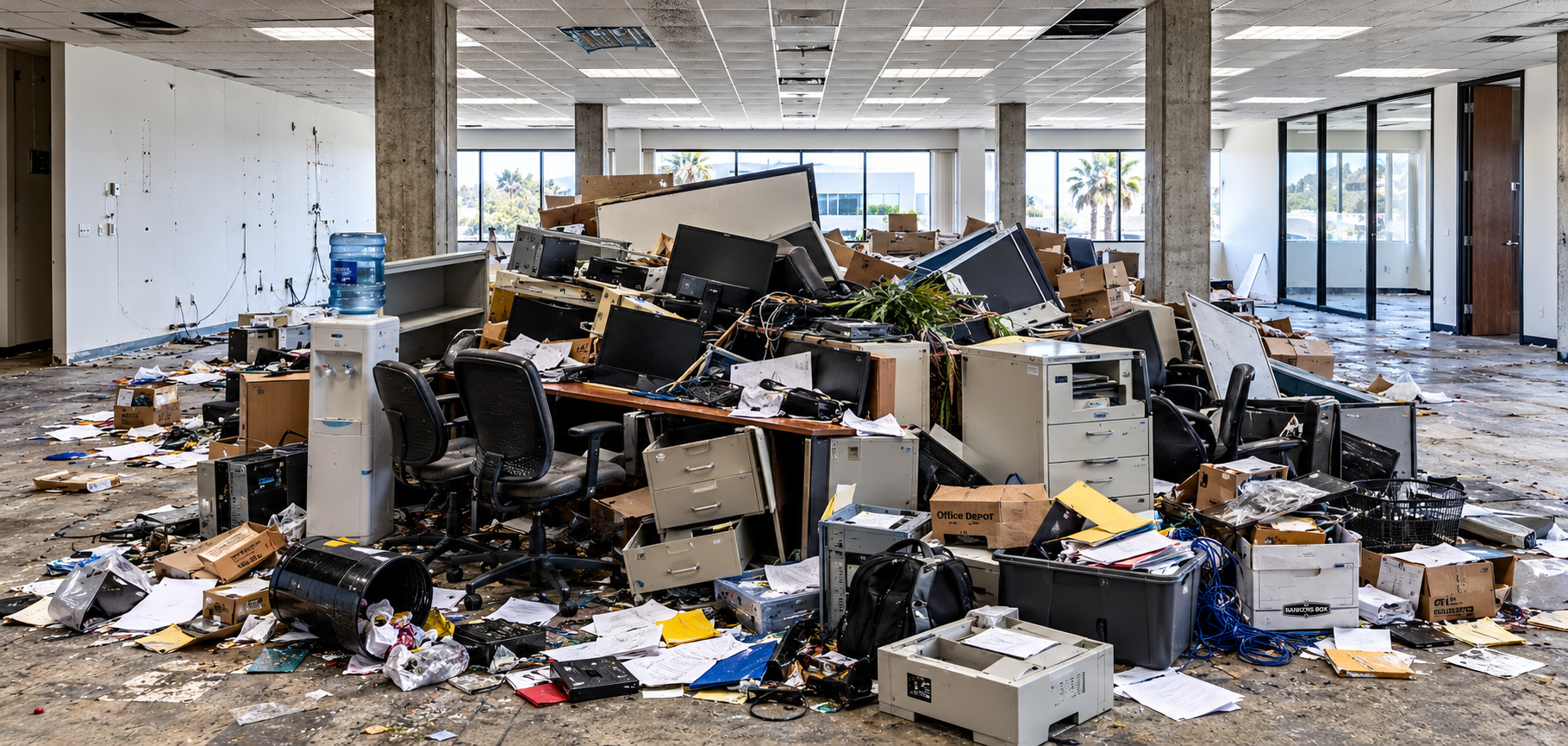 Office space with destroyed computer desks, scattered papers, fallen chairs, and debris after a disaster.