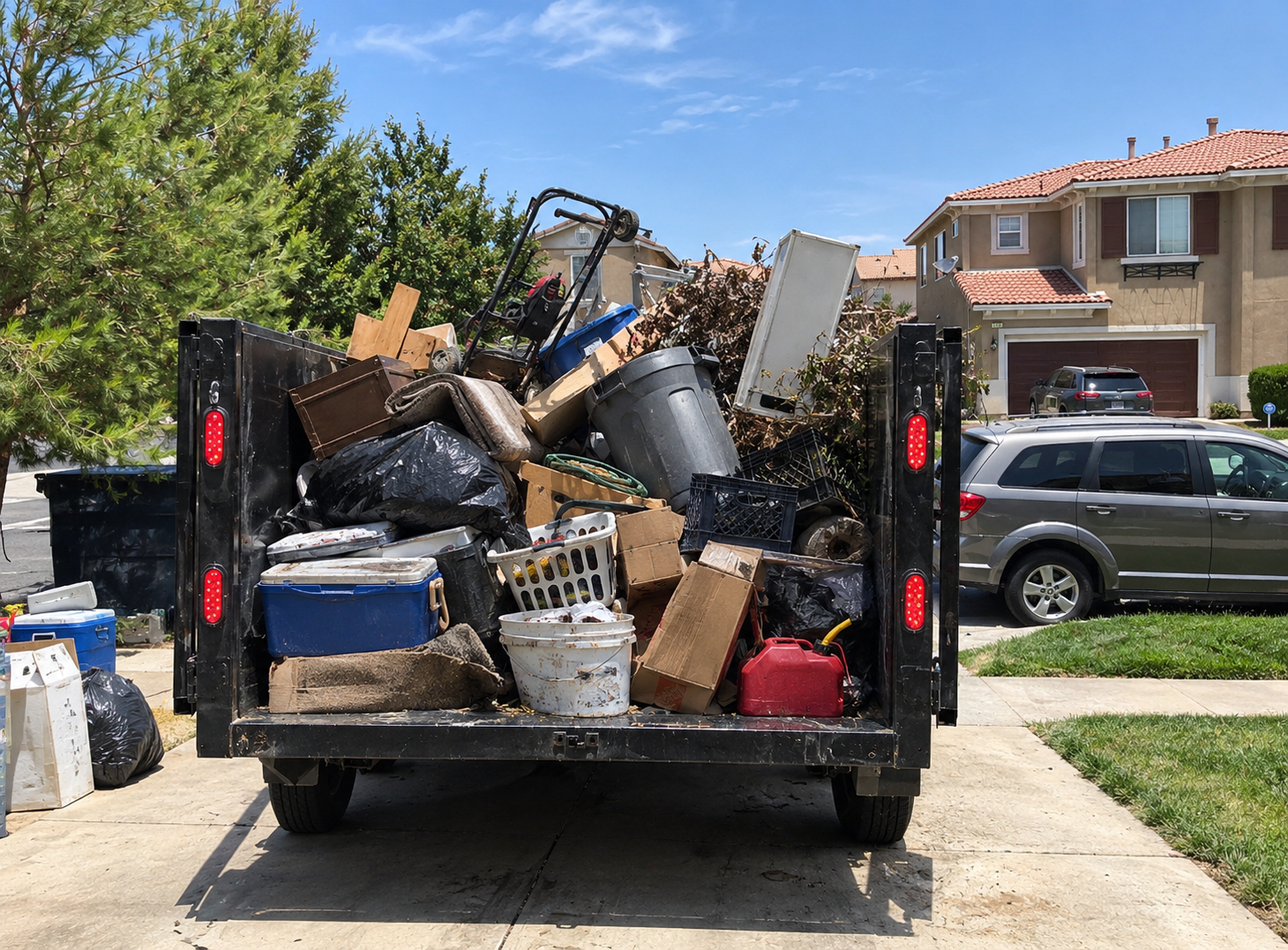 A truck filled with various discarded household items and trash parked in a residential driveway with houses and cars in the background.