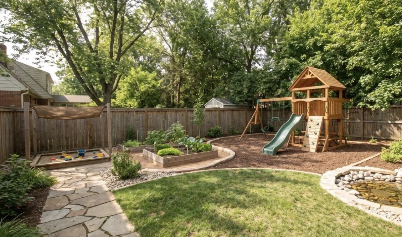 Backyard with children's playset, slide, swings, sandbox, garden bed, pond, flagstone pathway, grassy area, trees, and wooden fence.