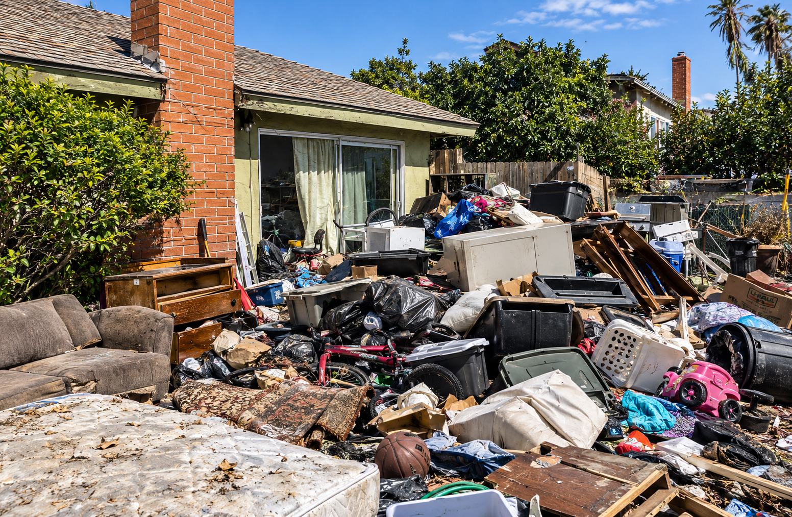 A house's backyard filled with scattered debris, trash, and discarded furniture and household items after a storm or disaster.