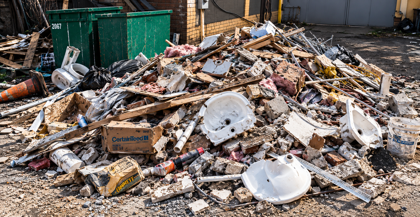 Pile of construction debris including broken sinks, pipes, bricks, insulation, and trash outside near a garage.