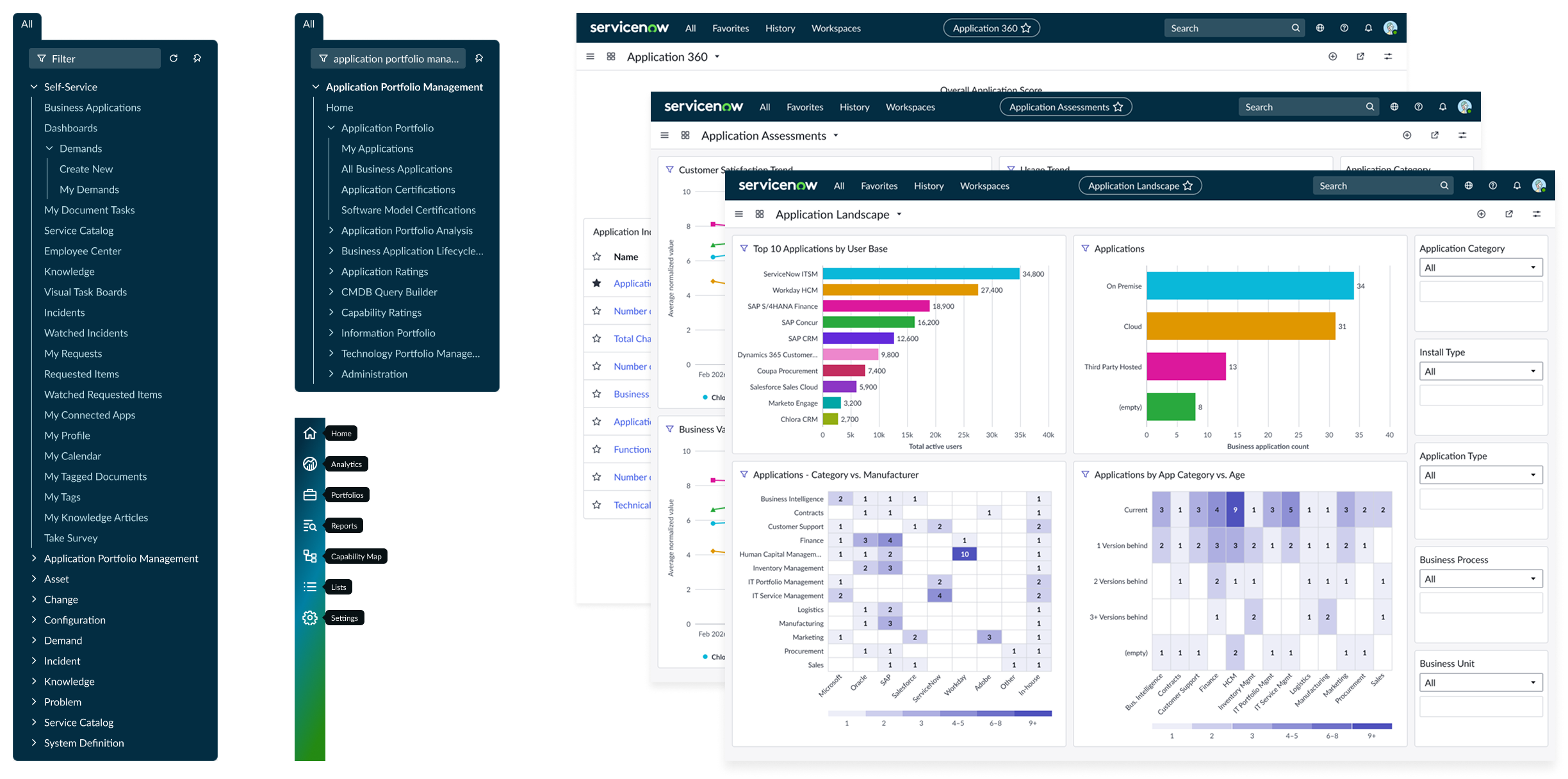 Image showing the platform navigation, the new EAW workspace specific navigation shell, and the scattered dashboards.