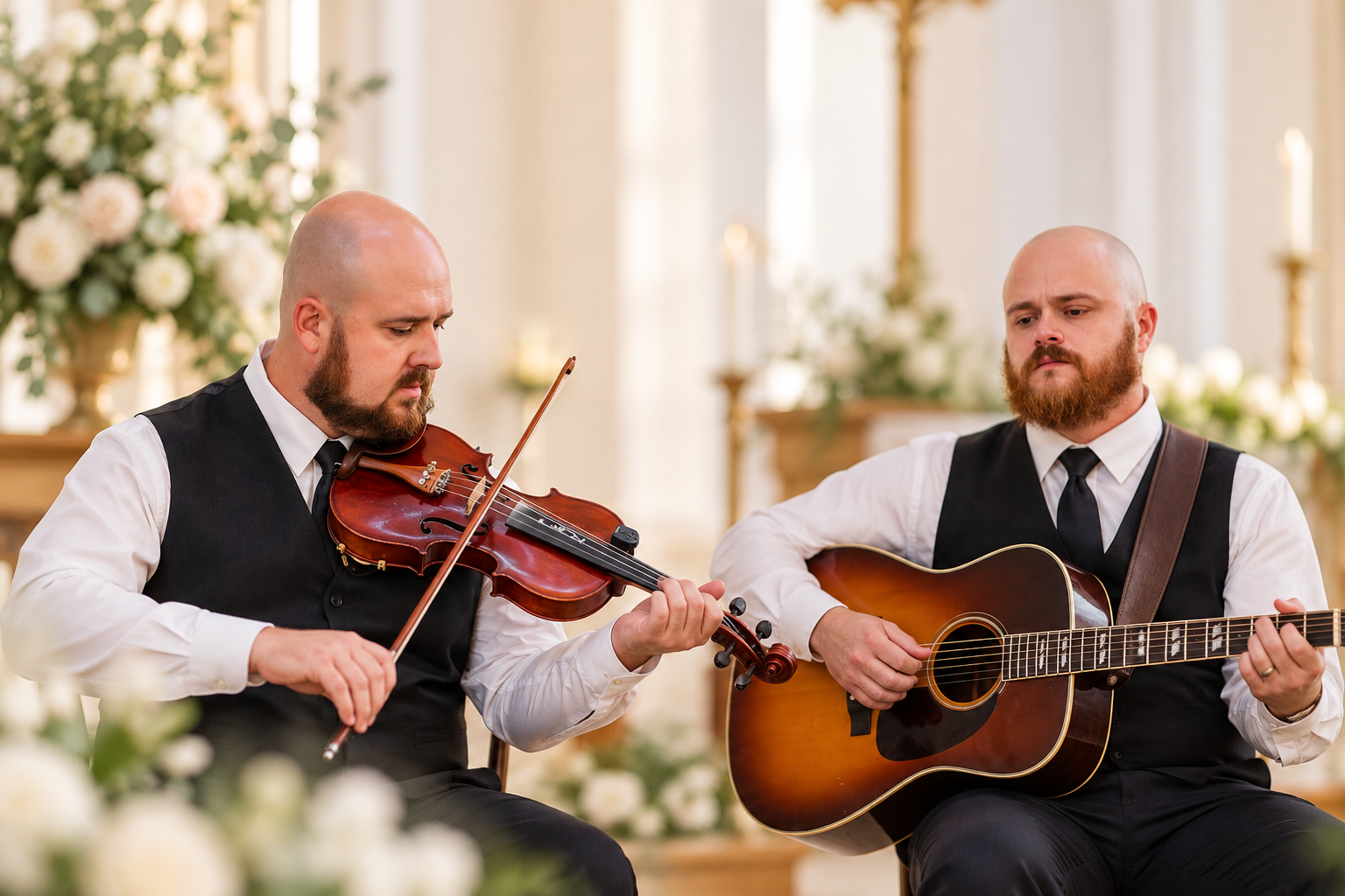 Violinist and acoustic guitarist performing together in a floral wedding setting.