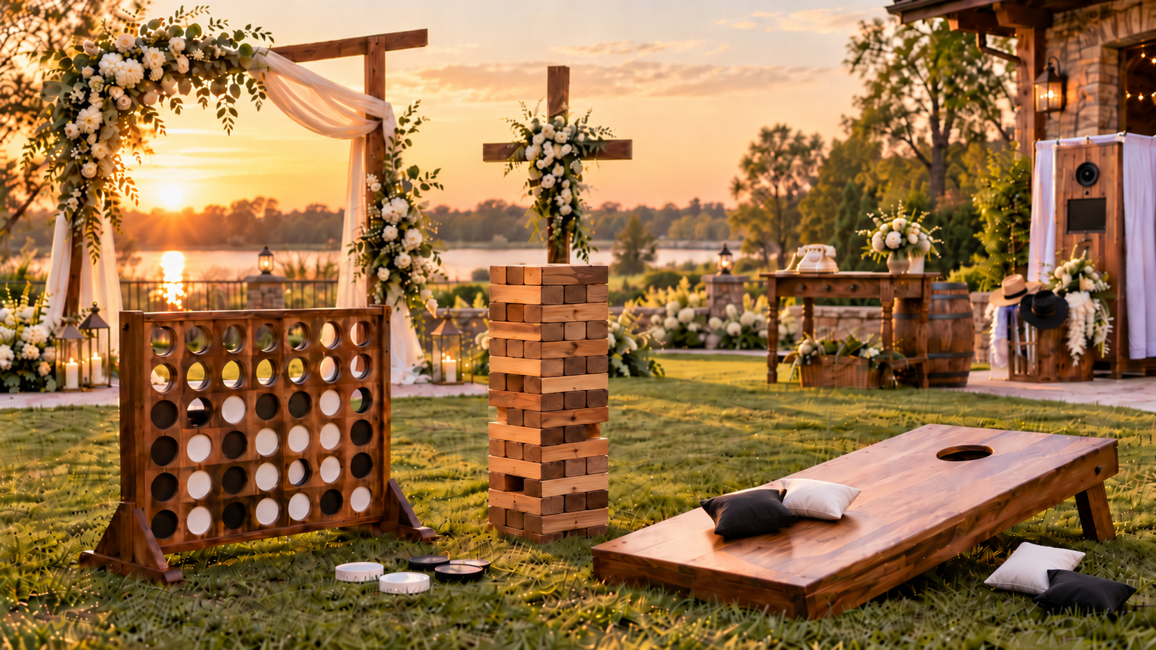 Outdoor wedding setup at sunset with decorated wooden cross, floral arrangements, lanterns, and game boards on a grassy lawn by a body of water.
