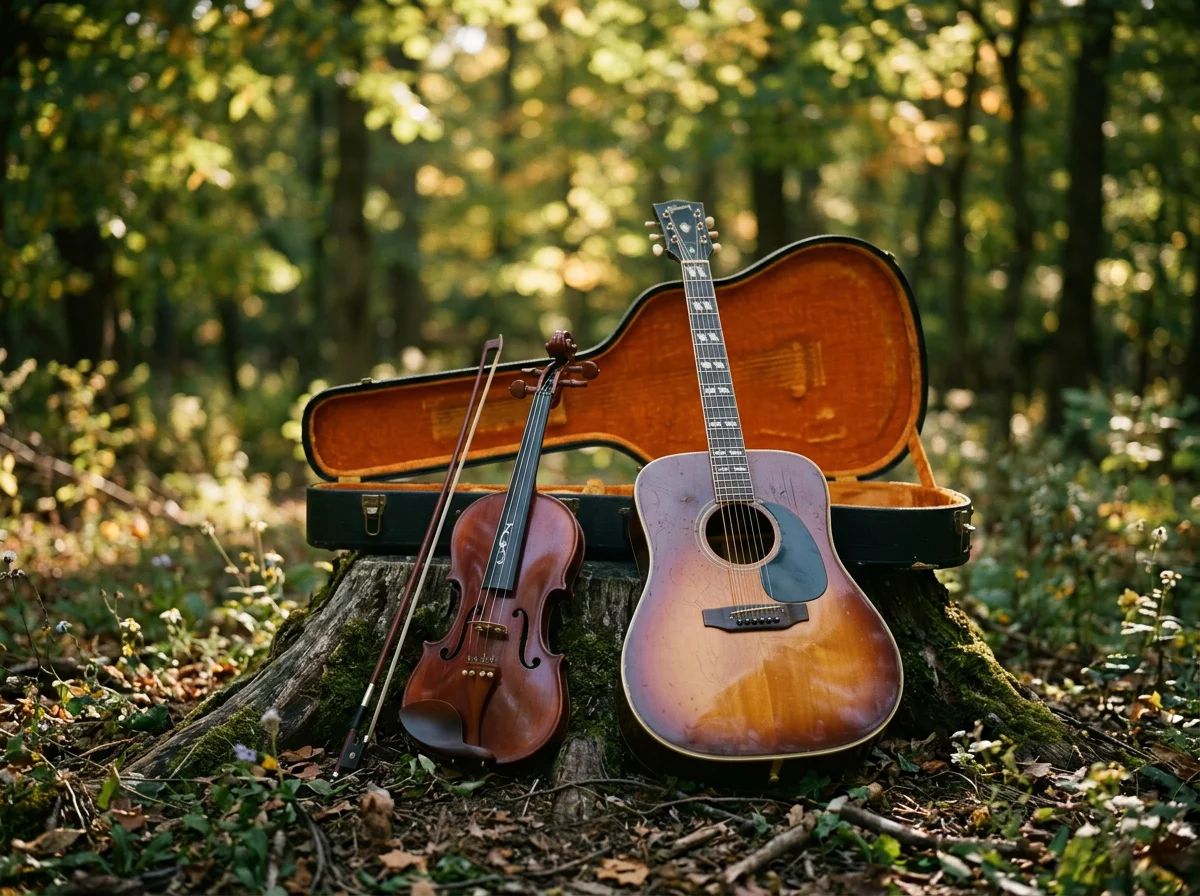 An acoustic guitar and a violin with a bow are placed on a tree stump in a forest with dappled sunlight.