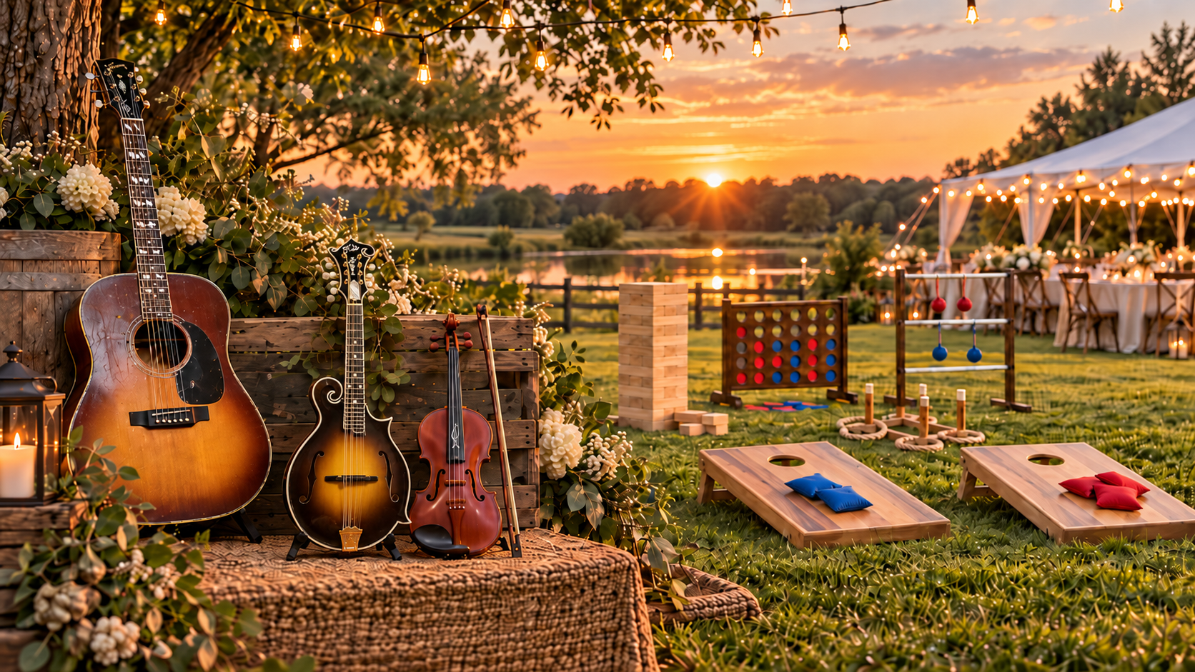 Outdoor wedding reception set near a lake at sunset with string lights, picnic games, and musical instruments leaning against a wooden pallet, surrounded by greenery and flowers.