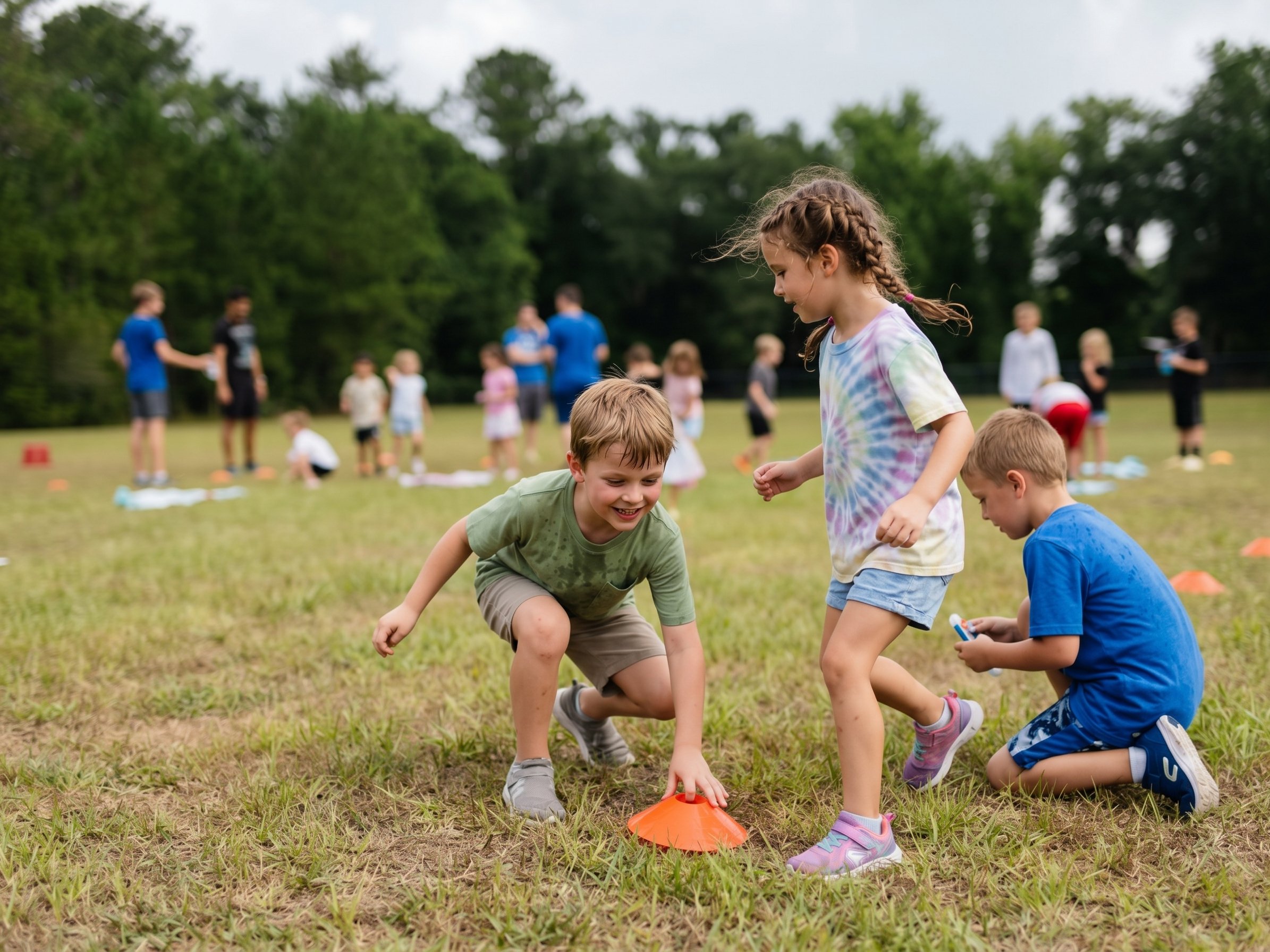 Children playing outdoors, crawling and reaching for an orange cone on a grassy field, with other children and adults in the background amid green trees.