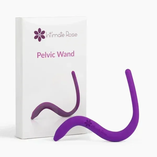 A purple pelvic wand with its packaging box labeled 'Intimate Rose Pelvic Wand' in pink and purple font, displayed against a white background.