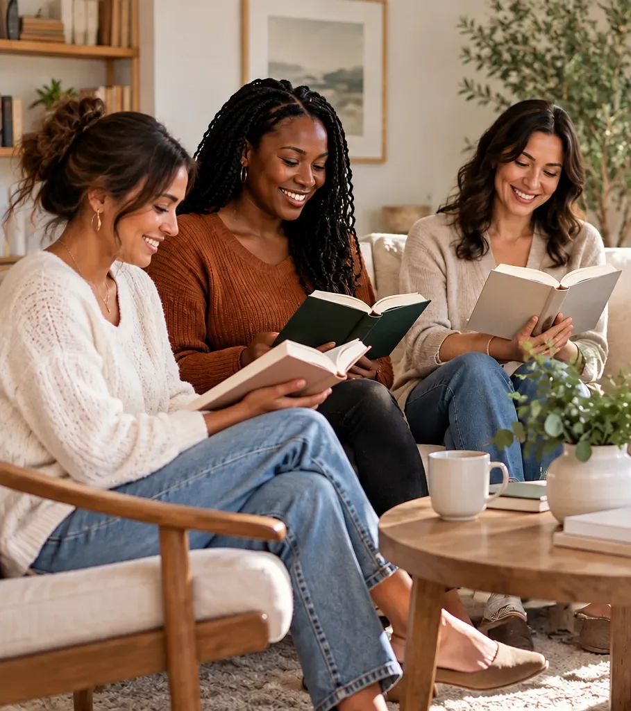 Three women sitting on a couch, reading books and smiling in a cozy living room.