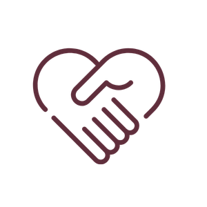 A stylized outline of a heart shape with a handshake inside.