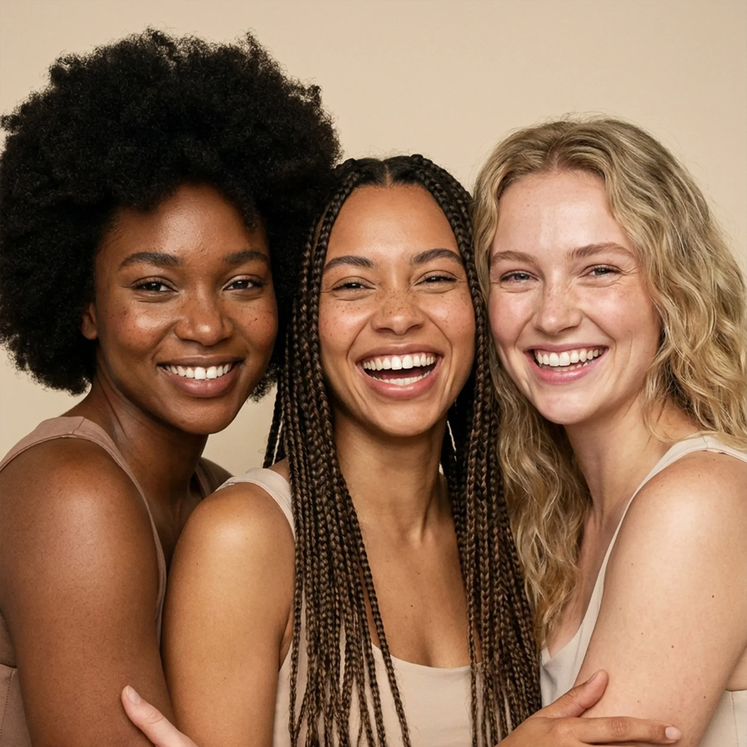 Close-up of three women with diverse ethnicities embracing and smiling at the camera against a plain background.