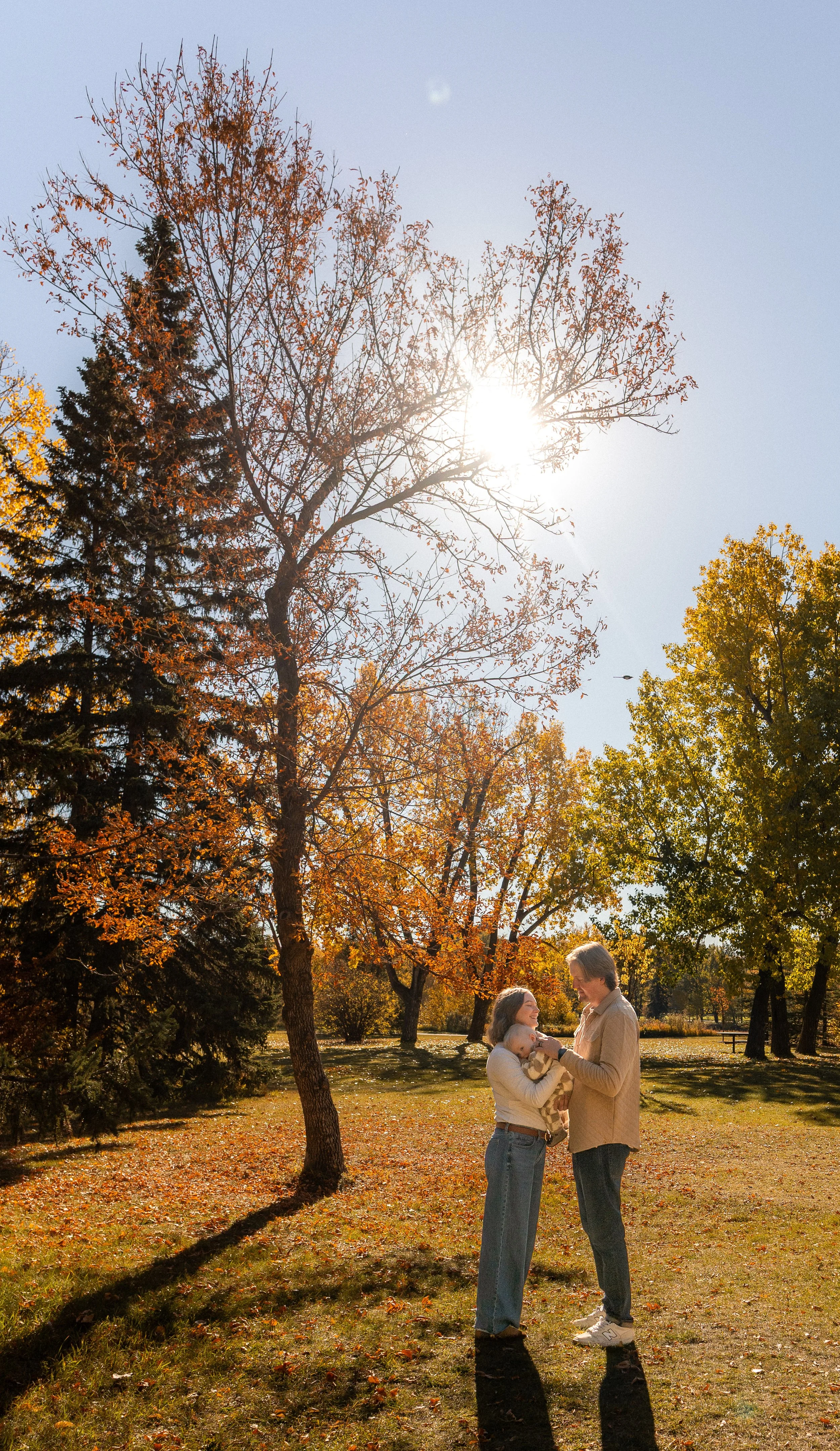 A family of three, including a woman, a man, and a baby, is standing on a grassy park with autumn trees and colorful leaves. The sun is shining through the trees, casting shadows on the ground.