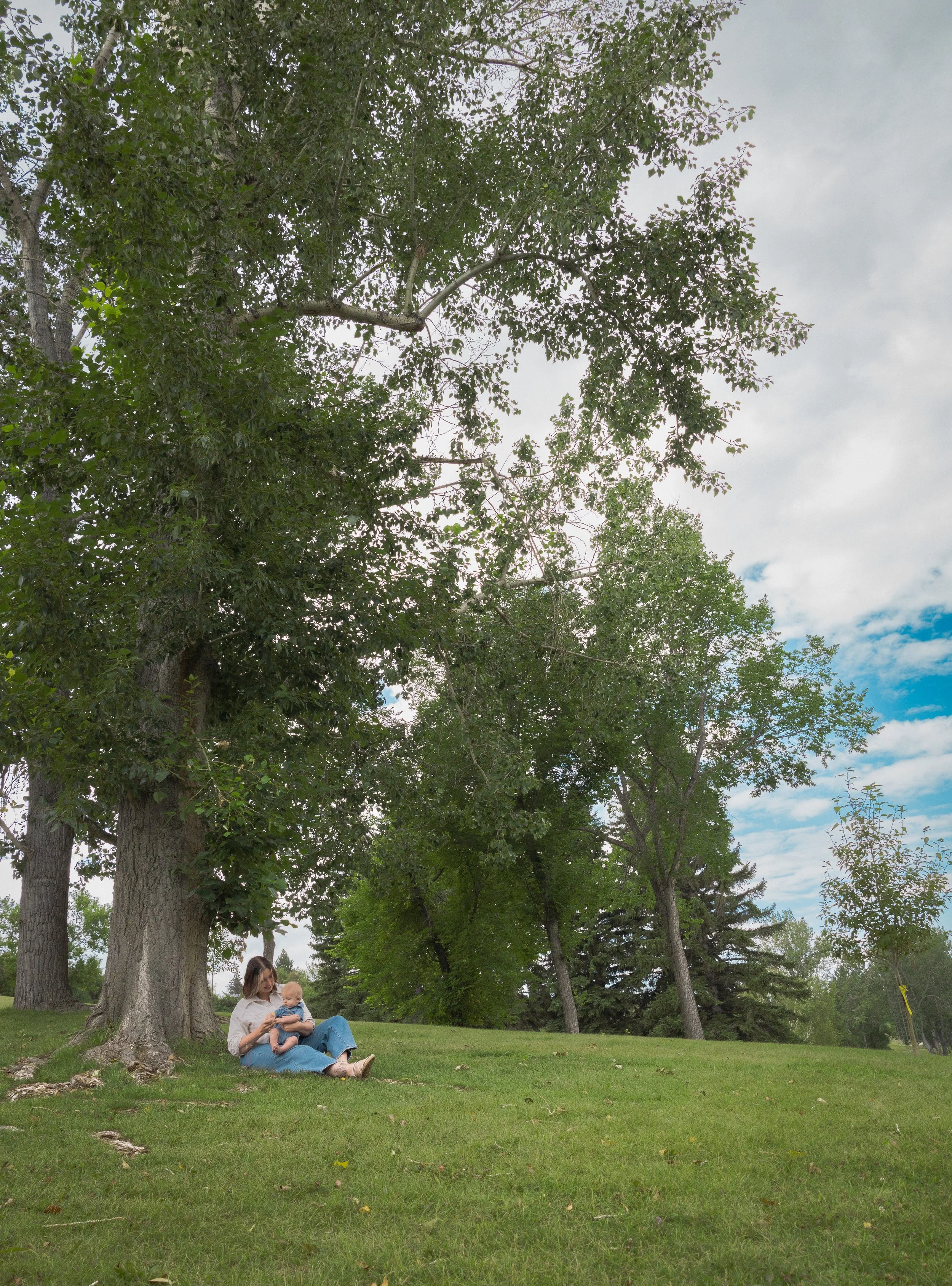 A woman sitting under a large tree with a child on her lap in a park with grass, trees, and cloudy sky.  Location is Confederation Park in Calgary, Alberta