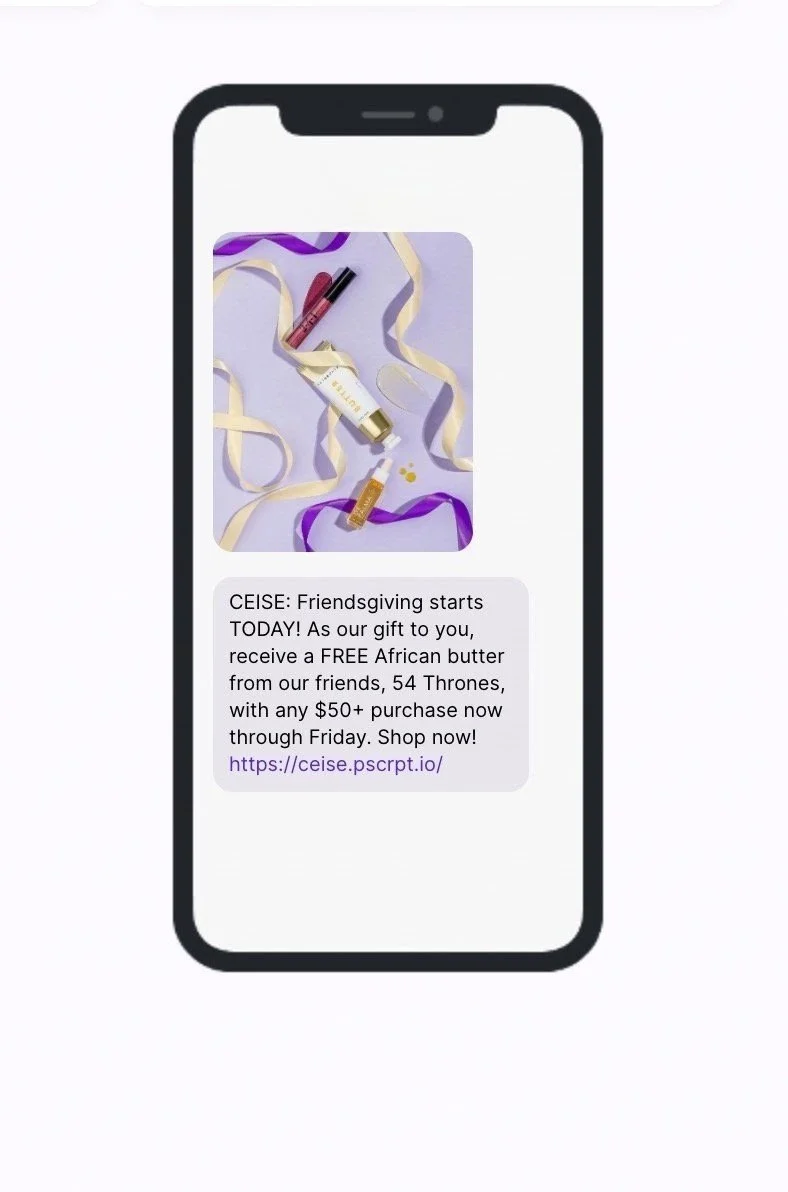 A smartphone displaying a promotion from CEISE for giving away a free African butter with a purchase of $50 or more at 54 Thrones, featuring a background image of a small tube of cream, a lipstick, and decorative ribbons.
