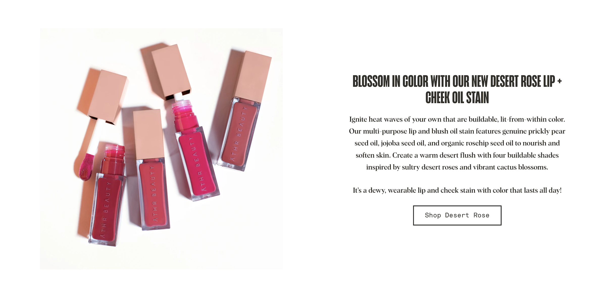 Image of pink lip and cheek oil stains in clear rectangular bottles with pink caps, and a pink applicator with lip stain, against a white background.