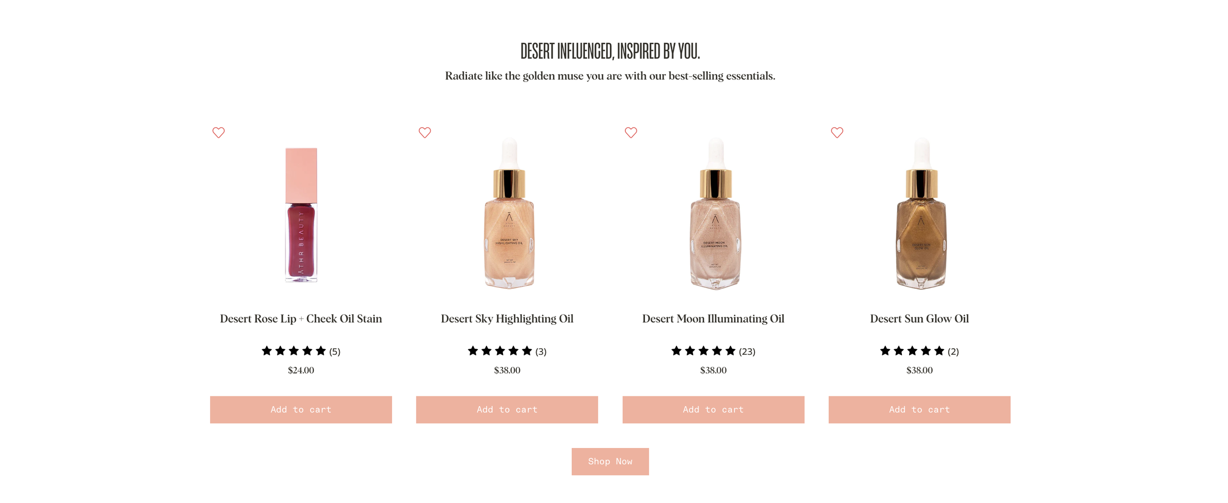 Online skincare product display with four bottles of oil and lip gloss, each labeled with product names and prices, accompanied by pink 'Add to cart' buttons and a 'Shop Now' button at the bottom.
