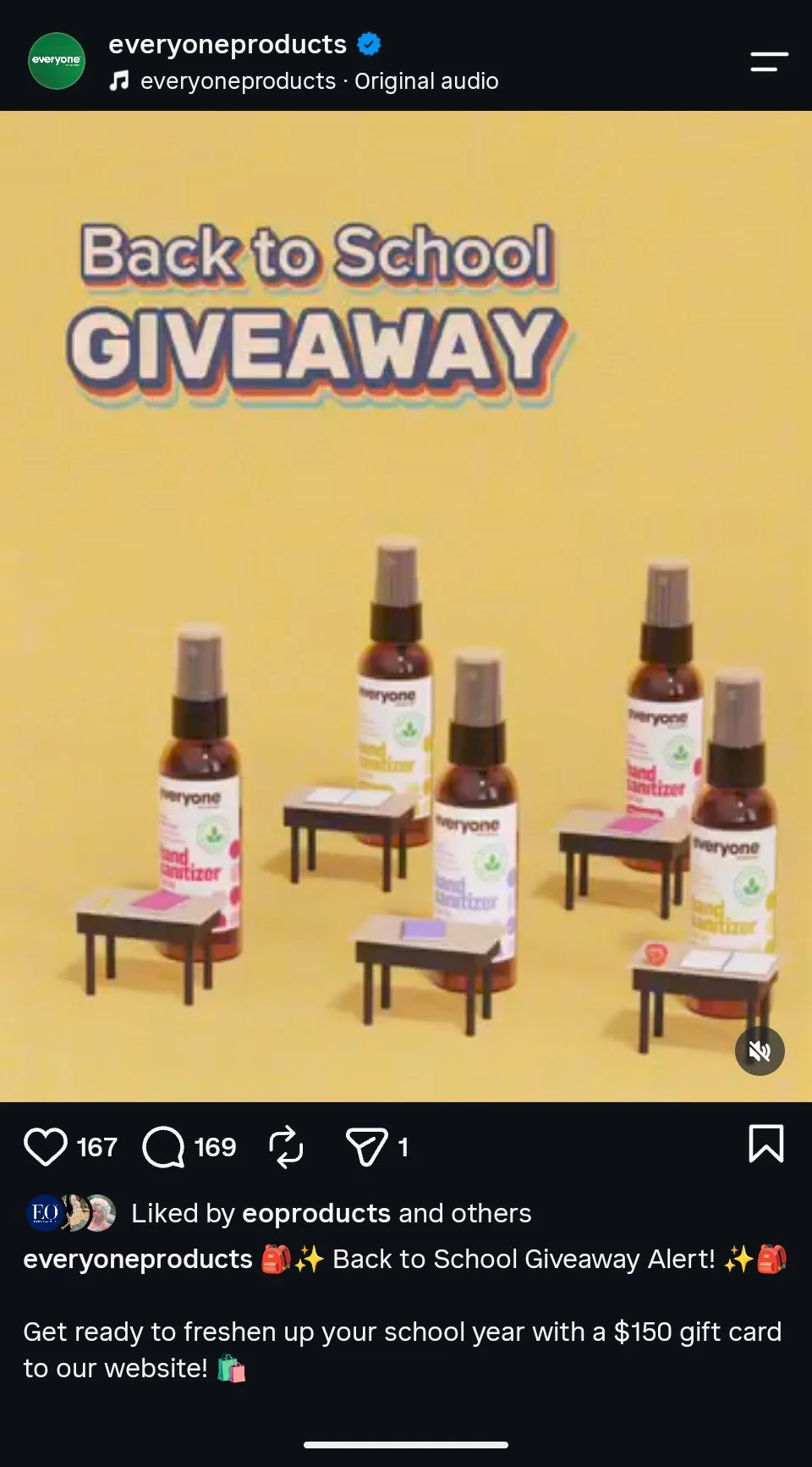 Graphic promoting a back-to-school giveaway featuring hand sanitizer bottles, each placed on a small table with a notebook, set against a yellow background.