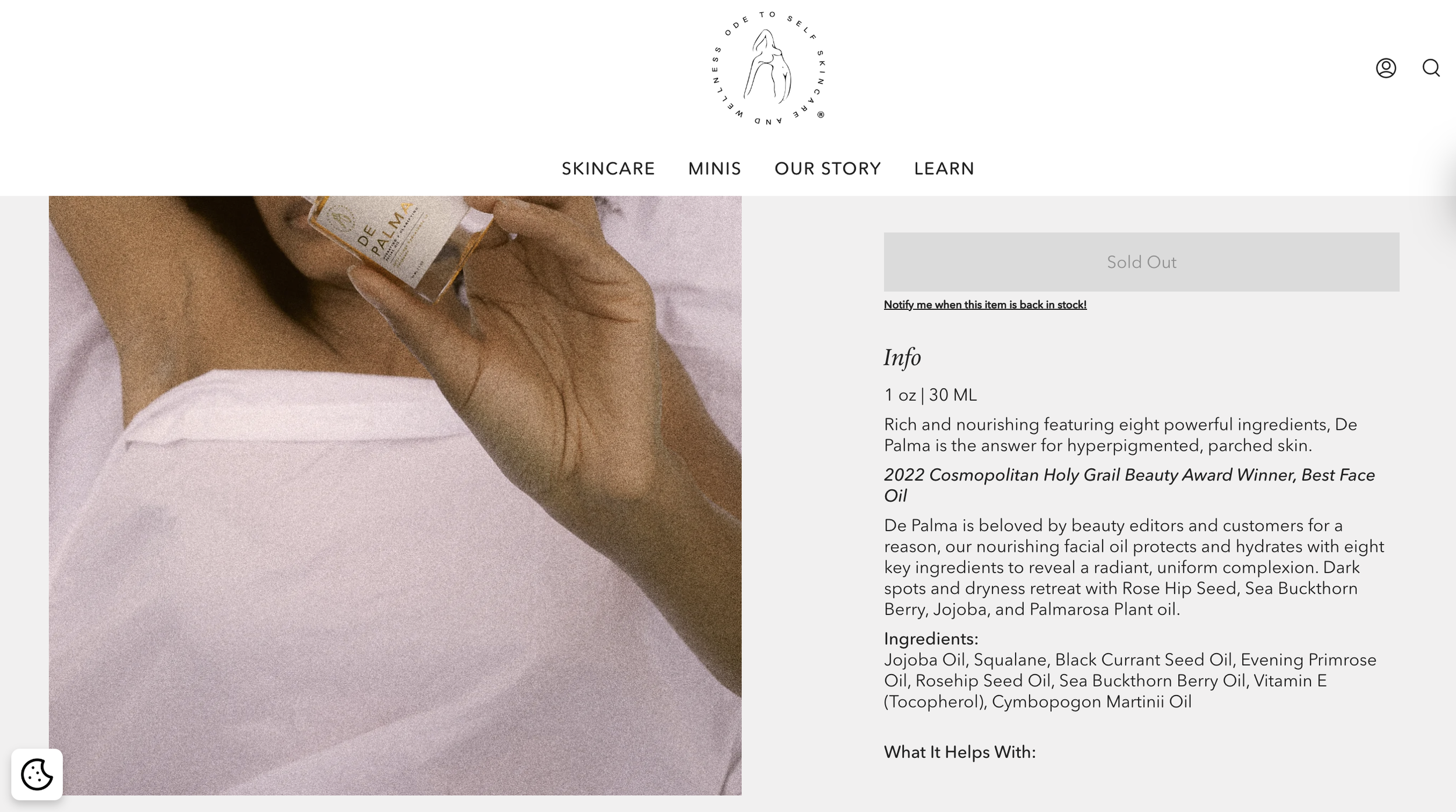 A woman lying down, holding a bottle of De Palma face oil near her face, with her hand partially covering her face and chest showing. The website page features product information and ingredients for De Palma face oil, with a white and soft pink background.