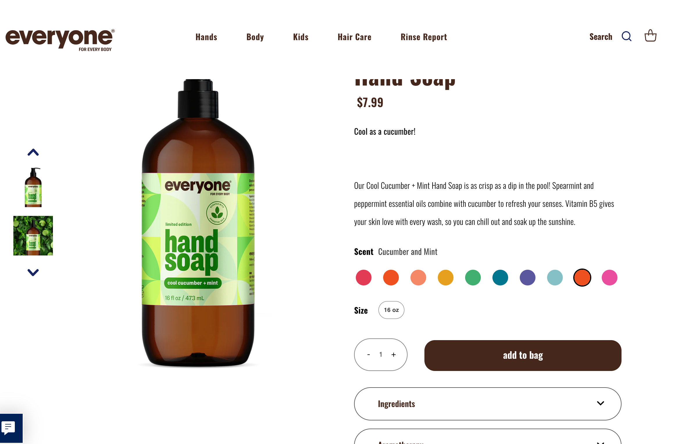A webpage displaying a large bottle of 'everyone' brand hand soap with a green label that reads 'cool cucumber + mint.' The webpage includes product details, price, scent options, and an 'add to bag' button.