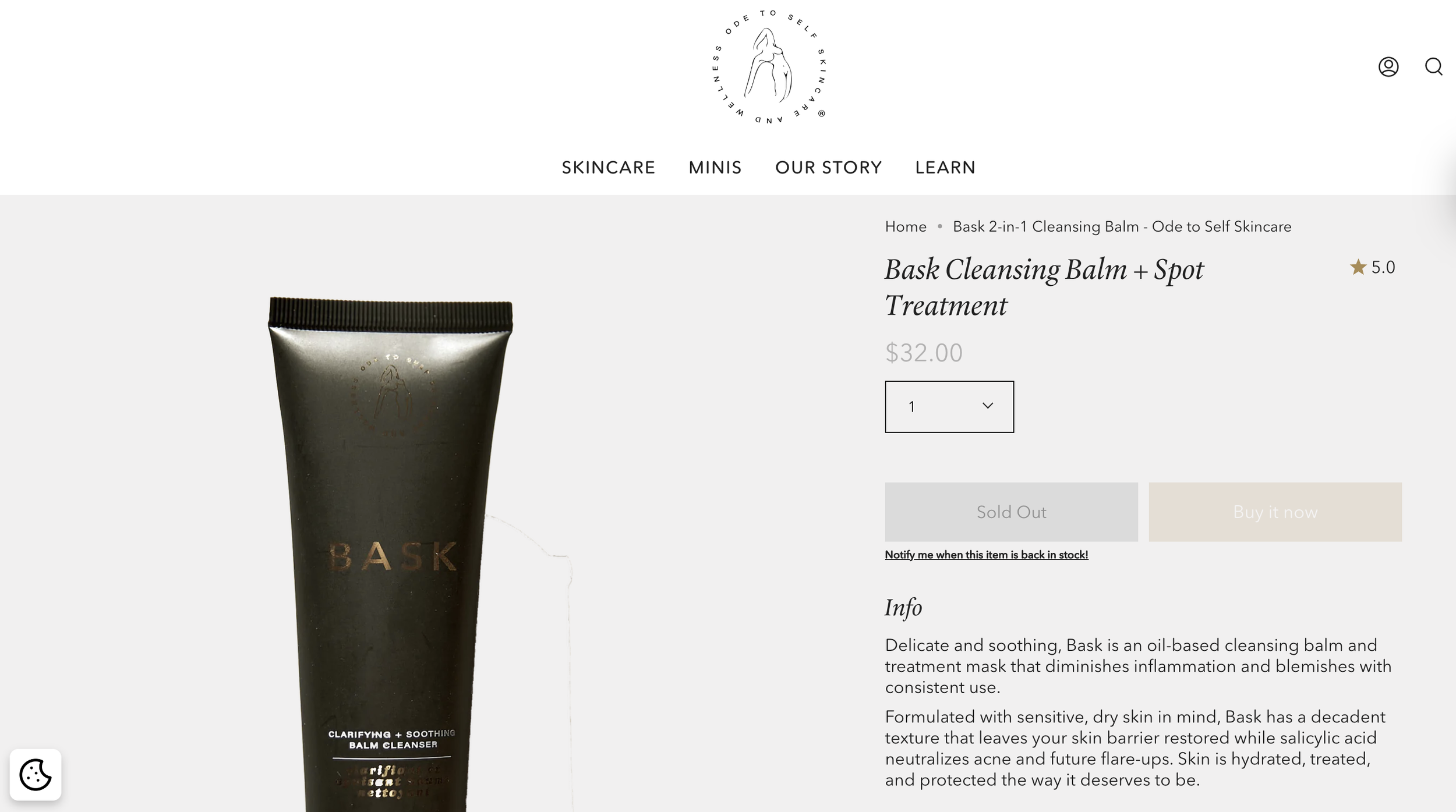 Product page showing a black tube of Bask Clarifying + Smoothing Balm Cleanser with a gold logo, priced at $32, with options to buy or be notified when in stock. The page has a light gray background and navigation menu at the top.