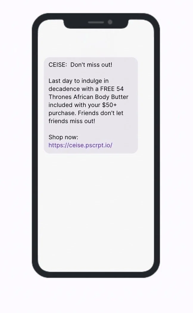 Smartphone screen displaying a promotional message about a free African Body Butter with a purchase, including a URL link.
