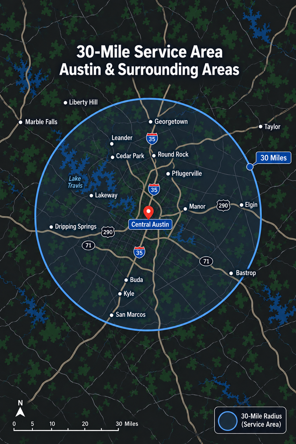 Map showing a 30-mile radius around Central Austin, Texas, with city names, highways, lakes, and surrounding areas marked, including Georgetown, Round Rock, Pflugerville, and Buda.