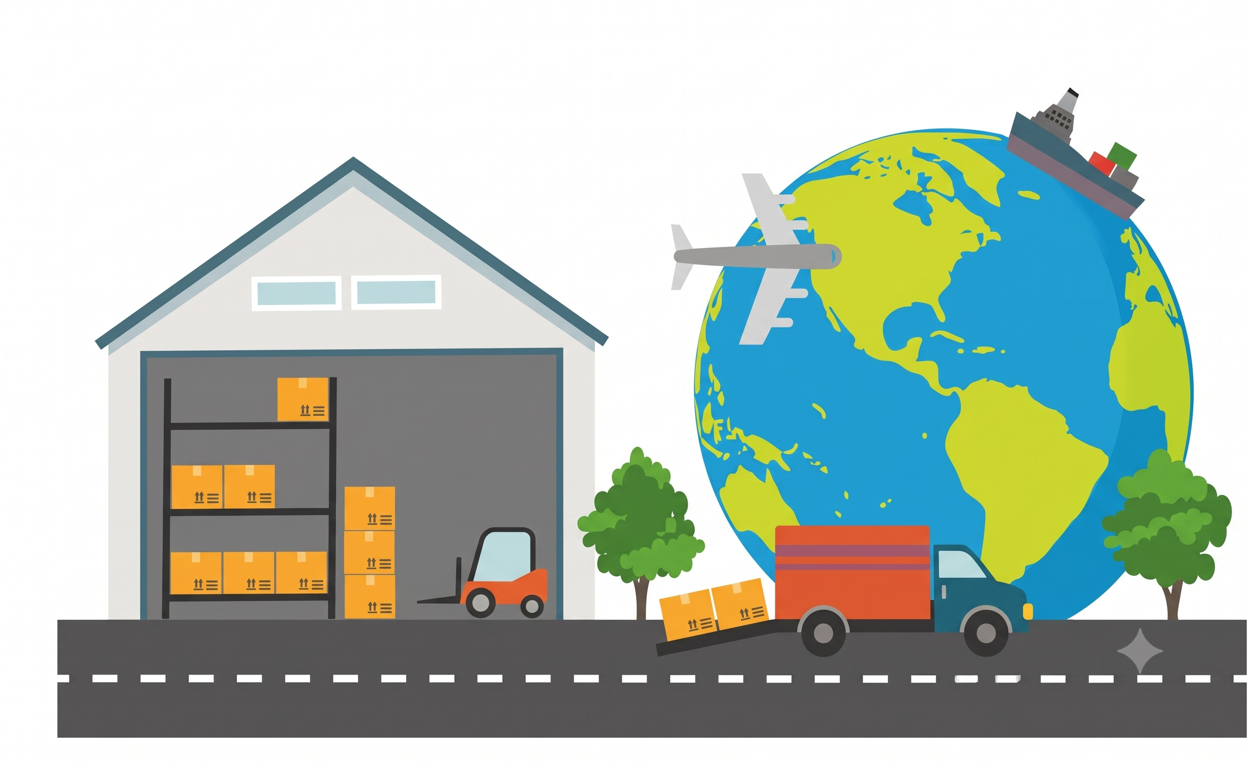 Illustration of a warehouse with stacked boxes, a forklift, and trees, next to a large globe with a cargo ship, airplane, and truck, symbolizing global transportation and logistics.