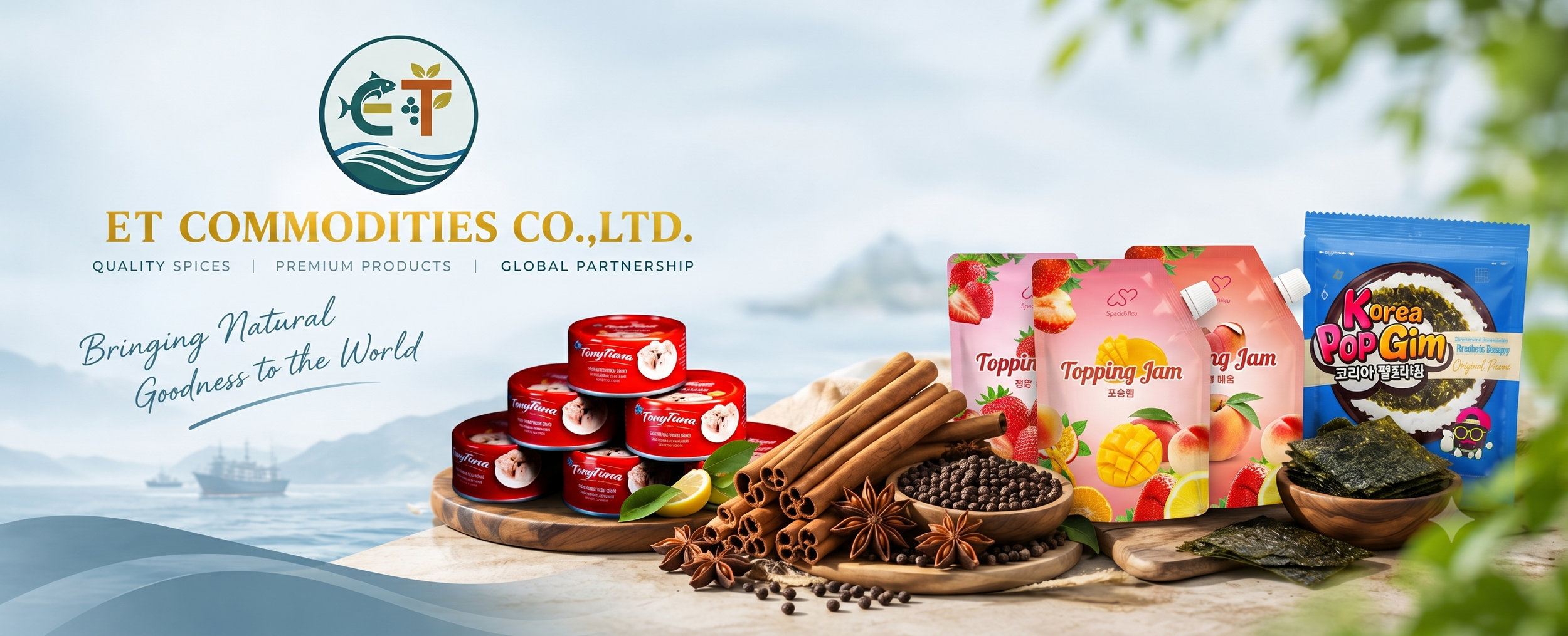 Advertisement for ET Commodities Co., Ltd. featuring canned tuna, strawberry, mango, and peach snack pouches, seaweed, spices, and a boat on the water in the background, with the slogan "Bringing Natural Goodness to the World."