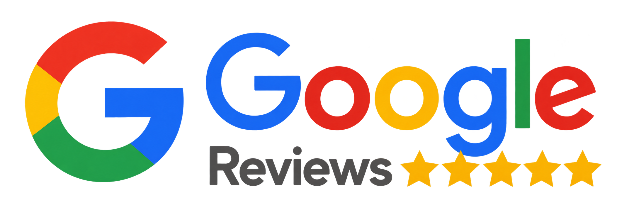 Colorful Google logo with the word “Reviews” and five gold stars