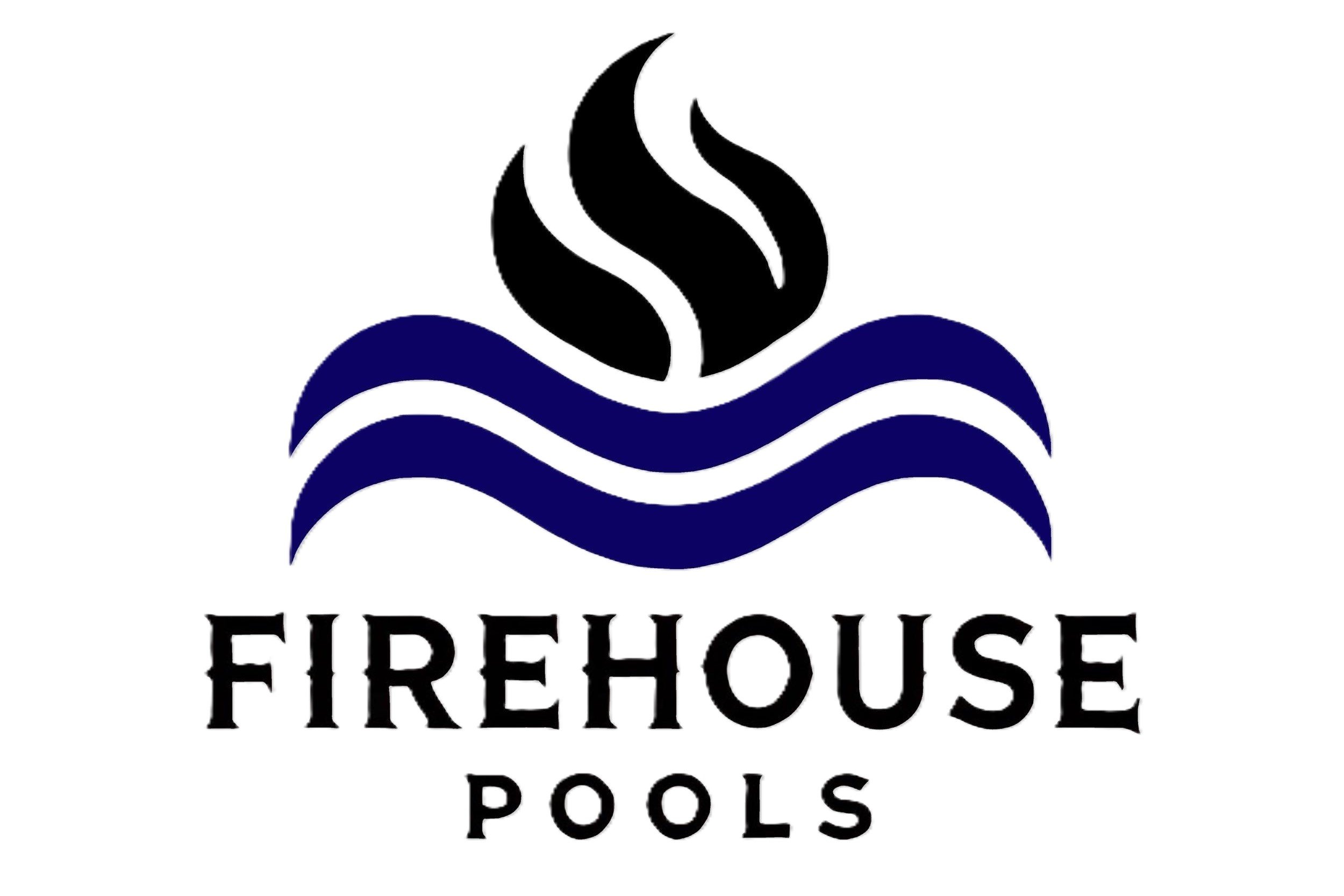 Firehouse Pools logo featuring a black flame above blue waves and the words “FIREHOUSE POOLS.”