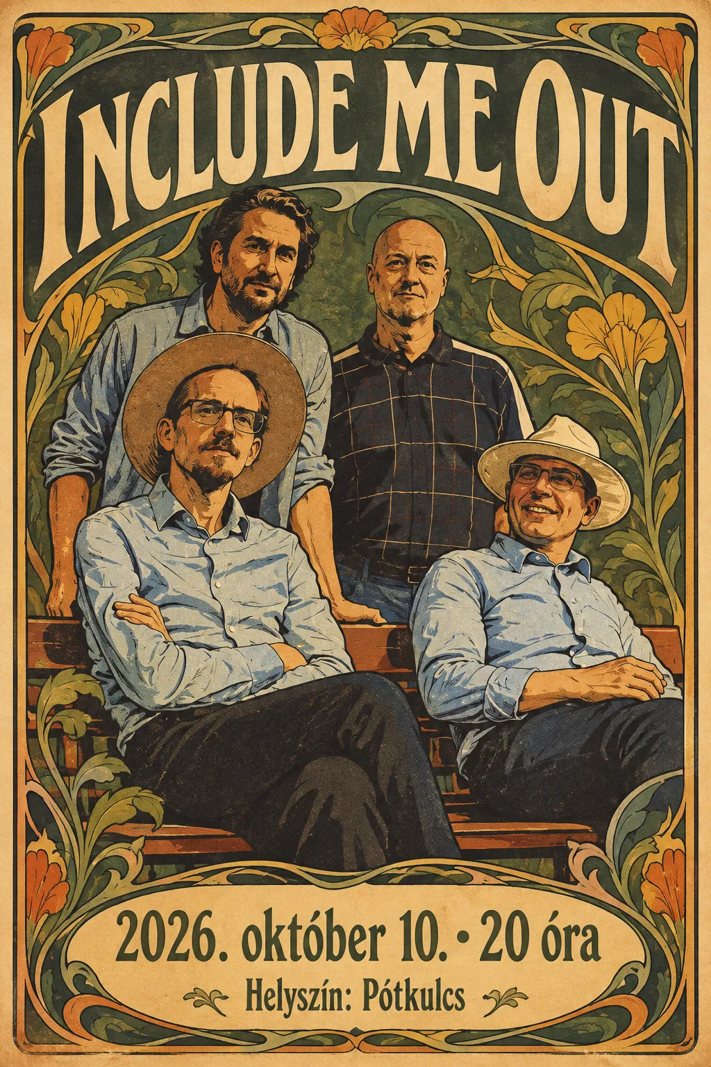A vintage-style poster for the band Include Me Out, featuring four men sitting and standing on a park bench with a decorative floral background. Event details include October 10, 2026, at 8:00 PM at Pótkulcs.
