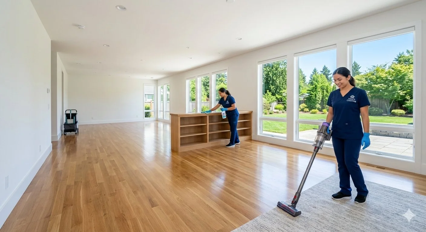 Two women in blue uniforms cleaning a spacious, sunlit living room with large windows and hardwood floors. One woman is vacuuming a carpet, and the other is wiping a wooden shelf.