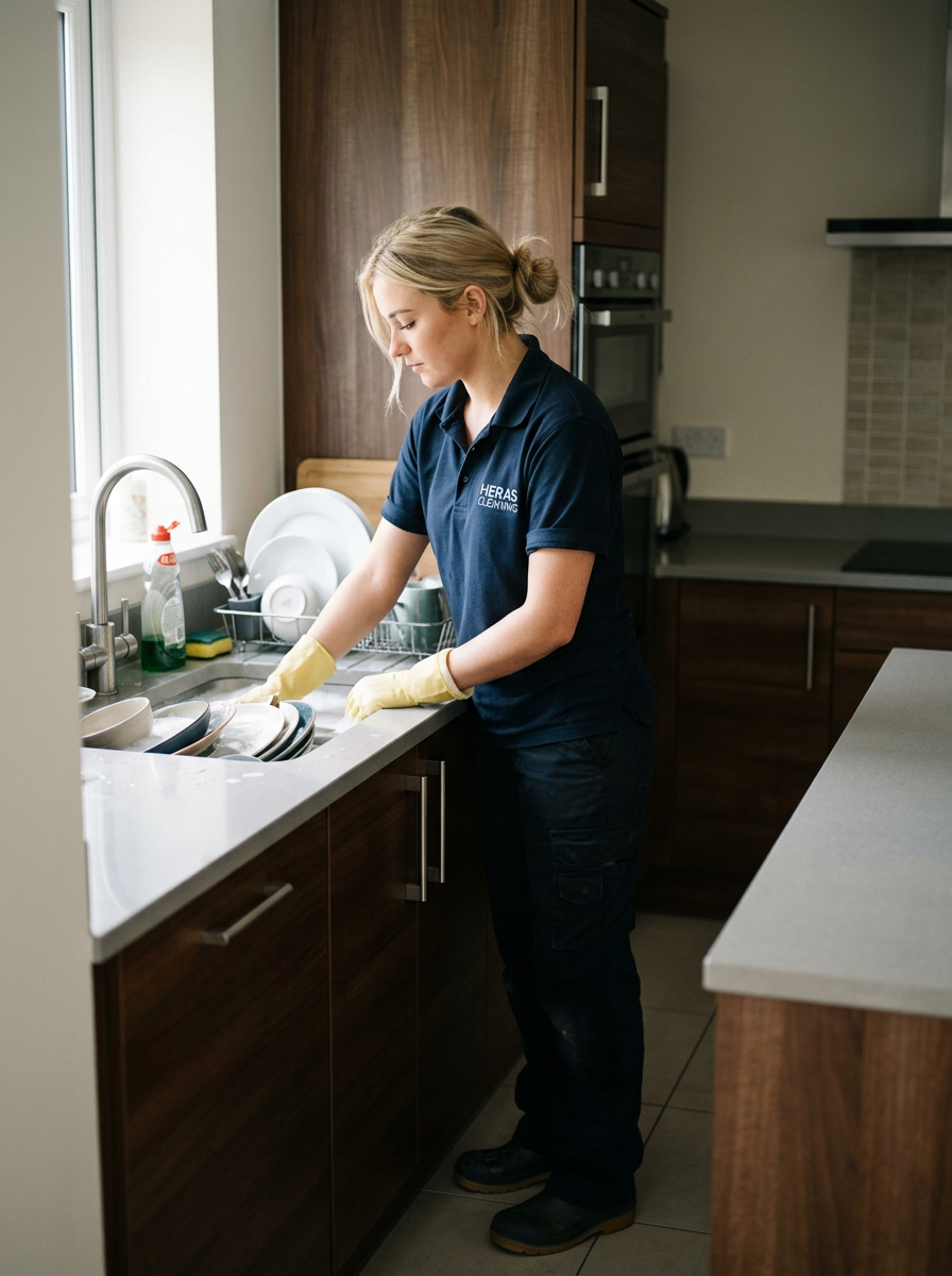 A woman wearing a navy blue cleaning uniform and yellow gloves is doing dishes at the kitchen sink.