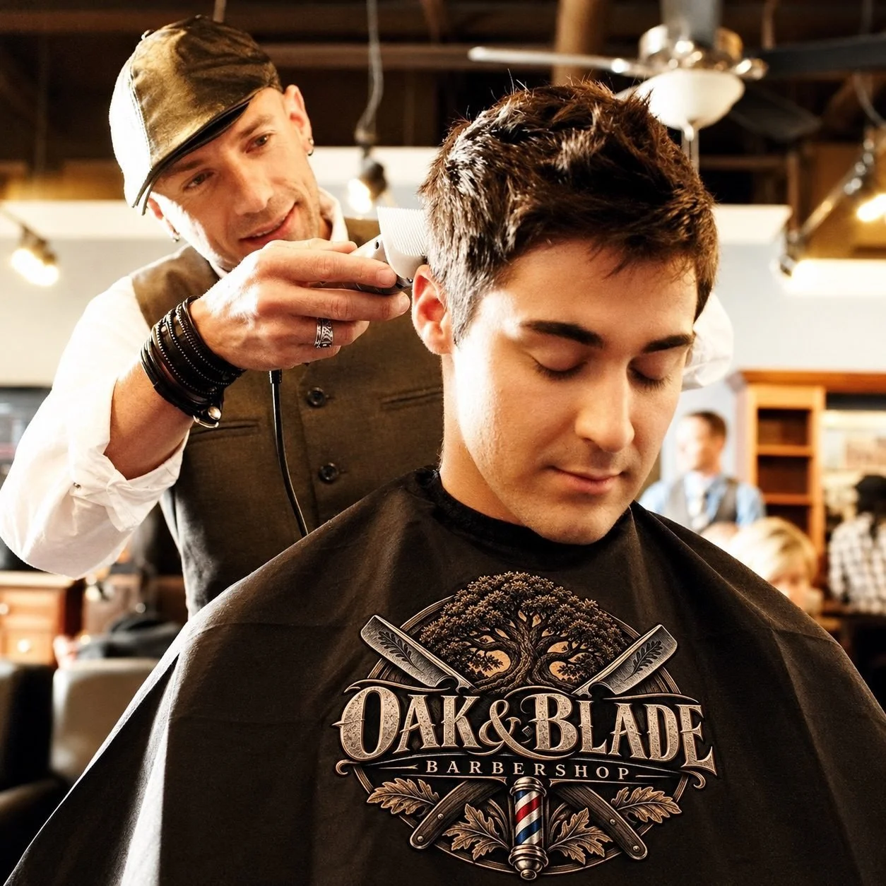 A barber at Oak & Blade cutting a client's hair with clippers.