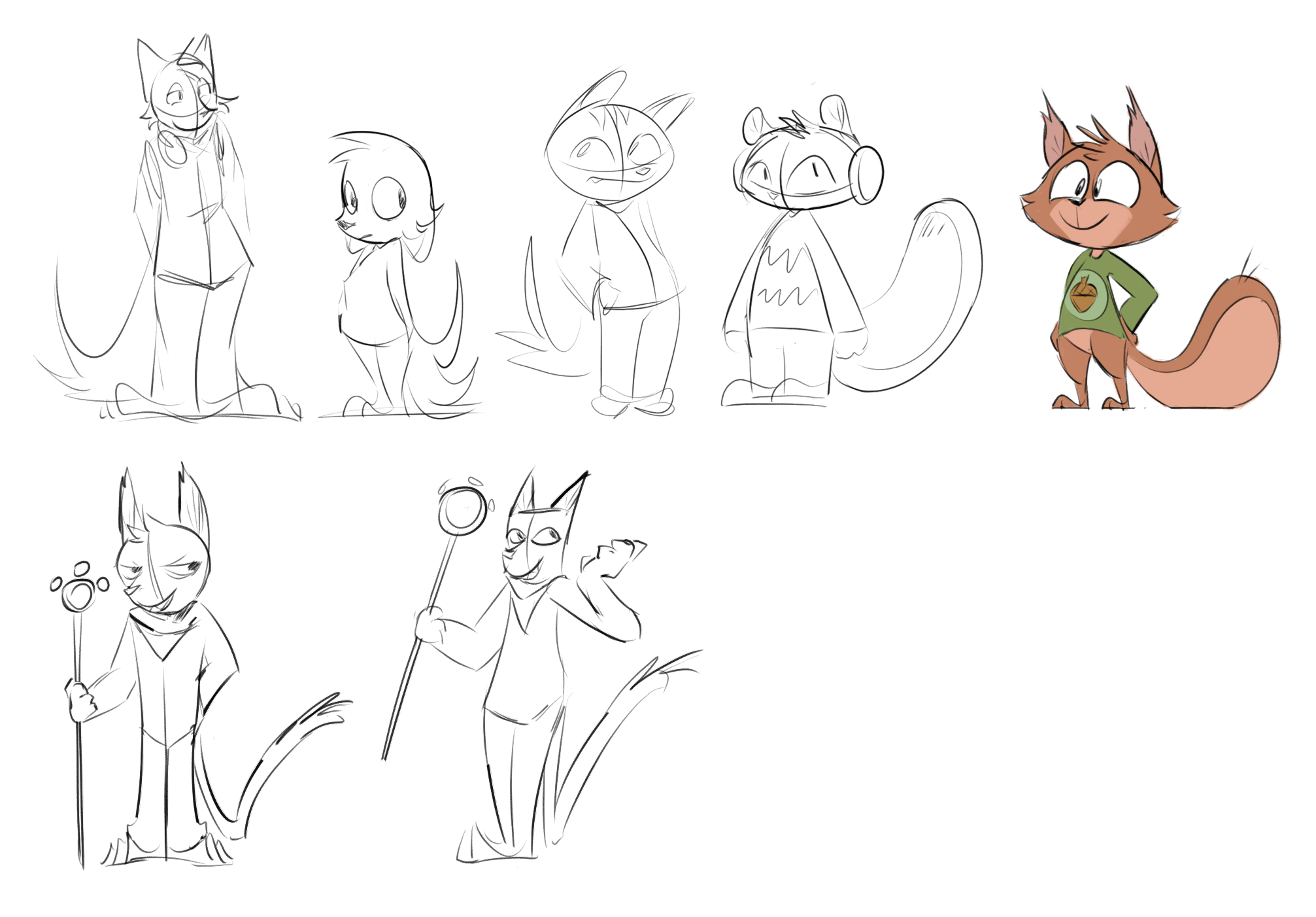 Series of character sketches and a colored illustration of an anthropomorphic squirrel wearing a green sweatshirt with an acorn logo, standing with hands on hips.