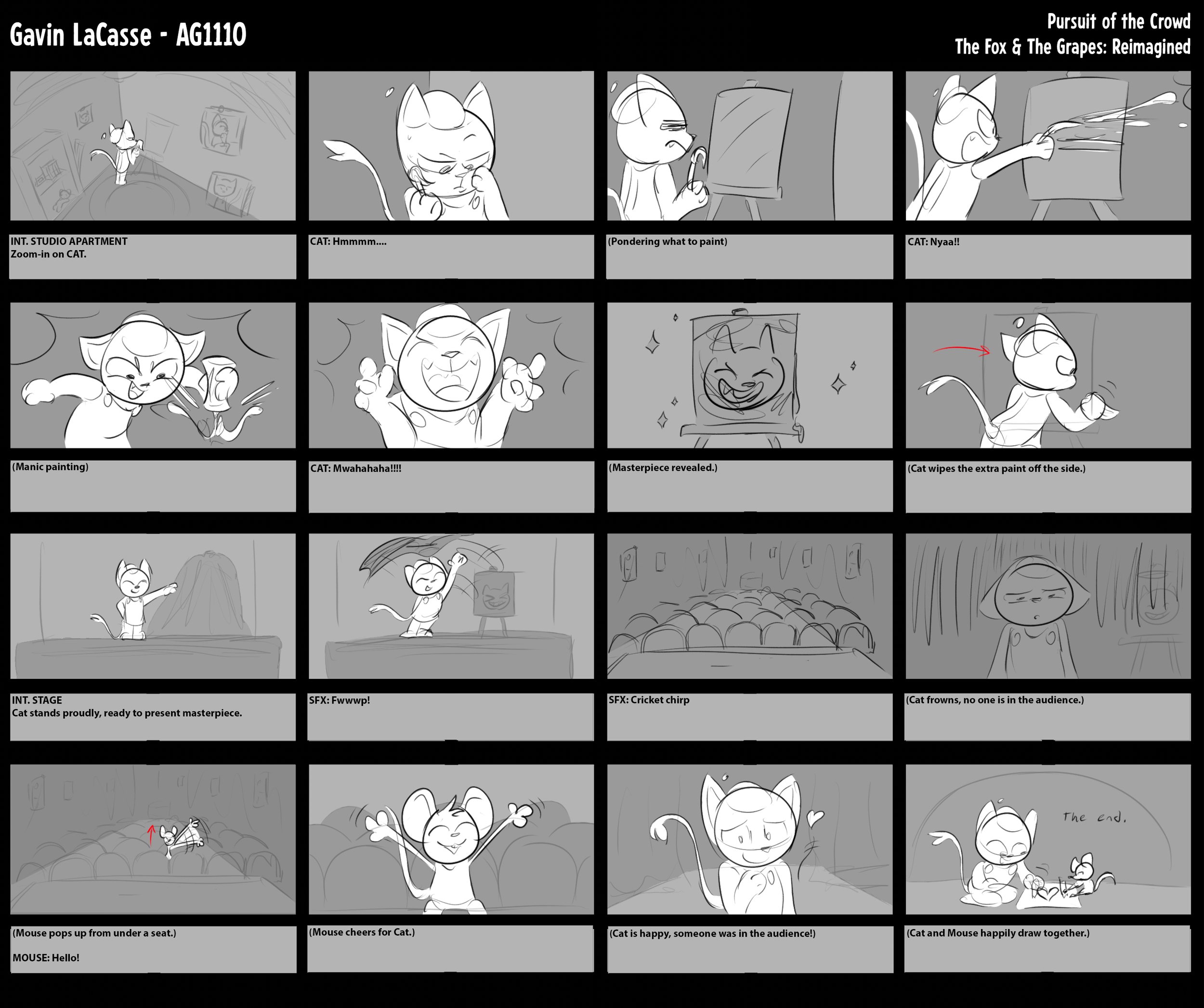 A storyboard showing a cat preparing to present a masterpiece at an art gallery, with a mouse cheering for the cat, and both drawing happily together at the end.