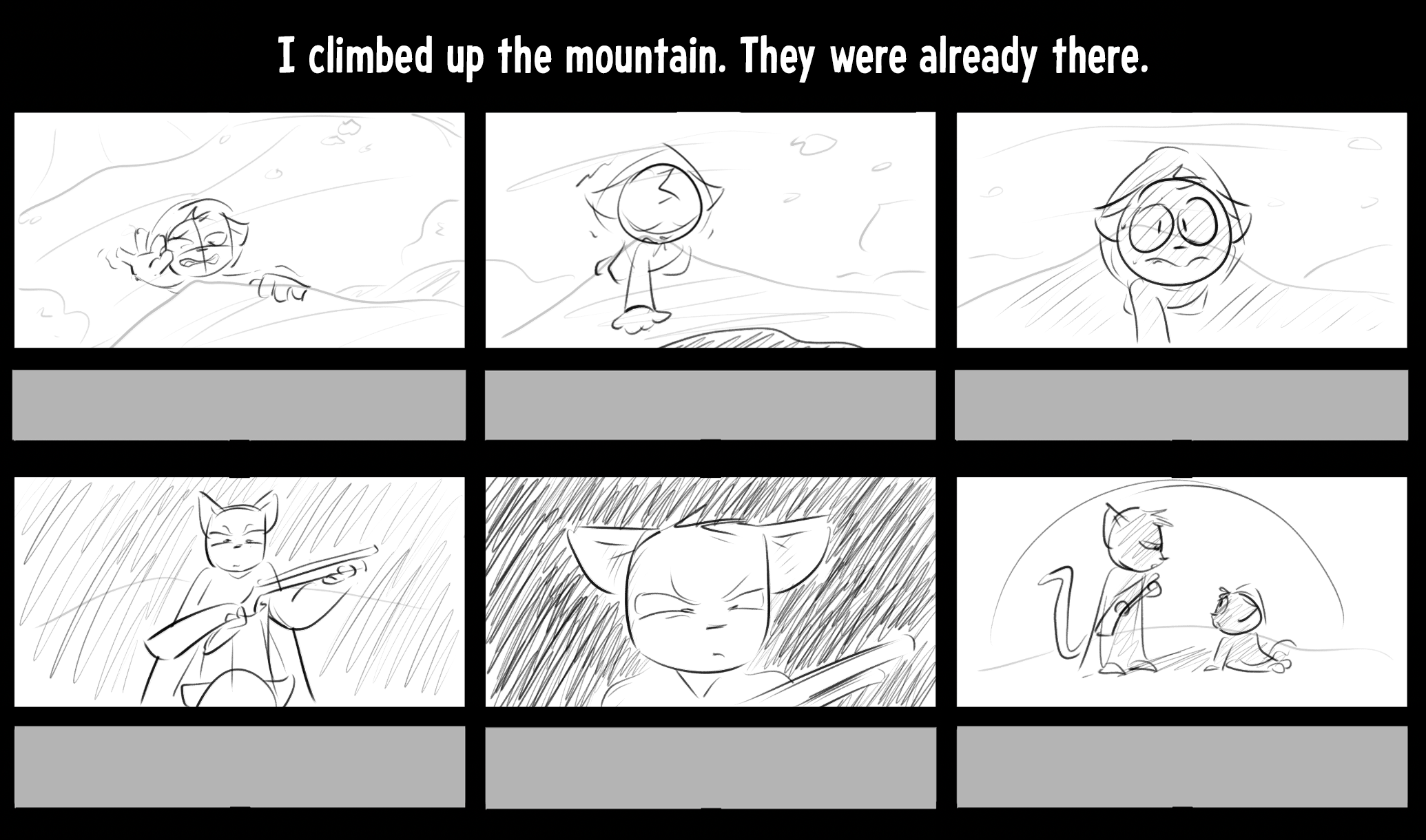 A storyboard with a cat climbing a mountain, encountering a feline villain, showing various emotional expressions.